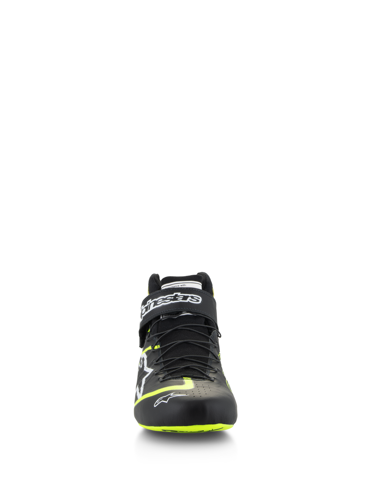 Alpinestars Tech-1 Z V3 Schuhe FIA, Auto-Rennschuhe, Schwarz und Gelb Fluo, Vorderansicht, mit dualem Schnellschnürsystem und Knöchelriemen mit Branding, leuchtend gelbe Akzente an der Zehenpartie und Sohle, hochwertige Lederkonstruktion.