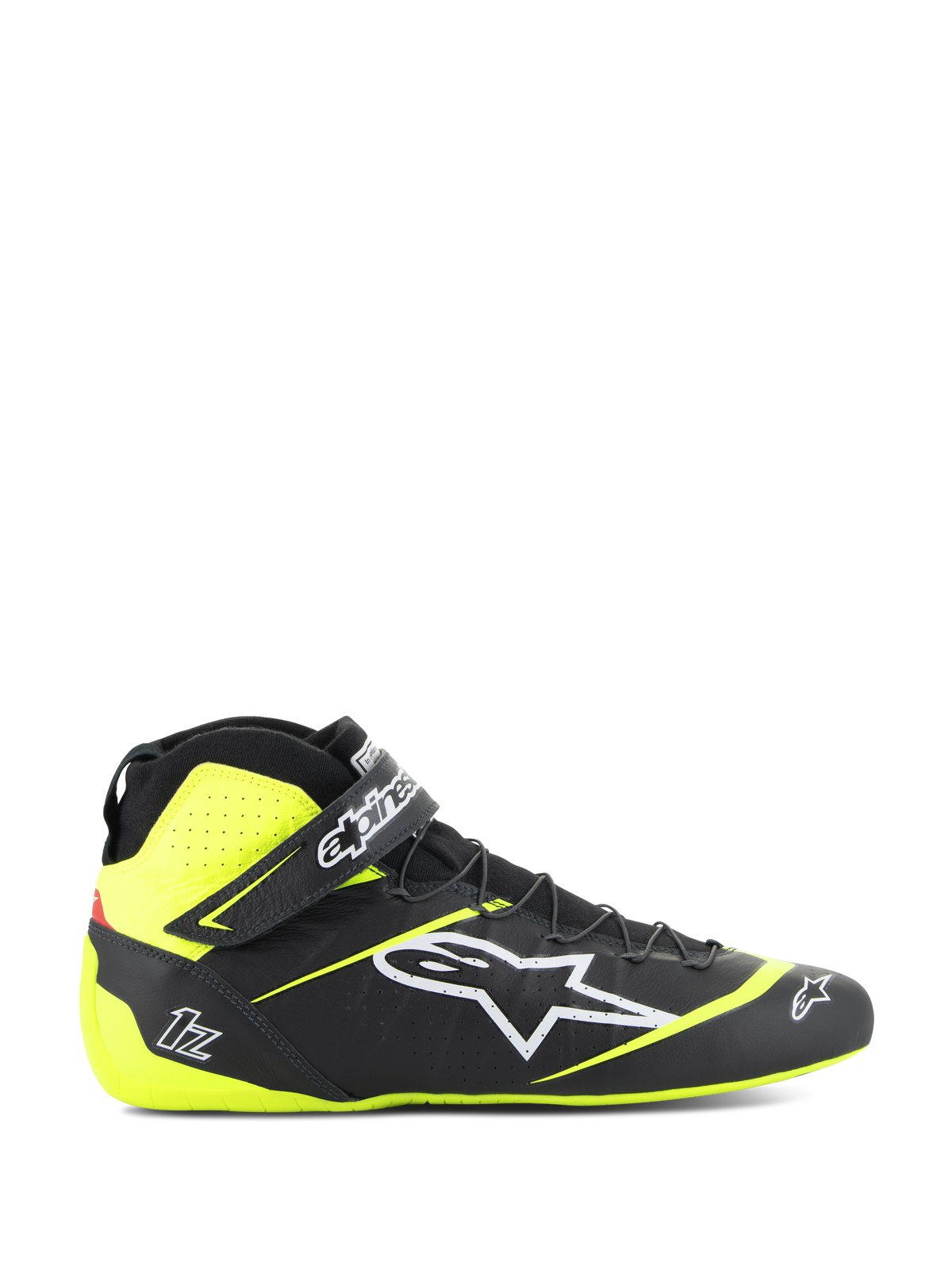 Alpinestars Tech-1 Z V3 Schuhe FIA, Auto-Rennschuhe, Schwarz und Neongelb, Seitenprofil von High-Top-Motorsport-Schuhen, weißes Stern-Logo, perforiertes Design für Atmungsaktivität, verstellbarer Knöchelriemen, dünne Gummisohle.