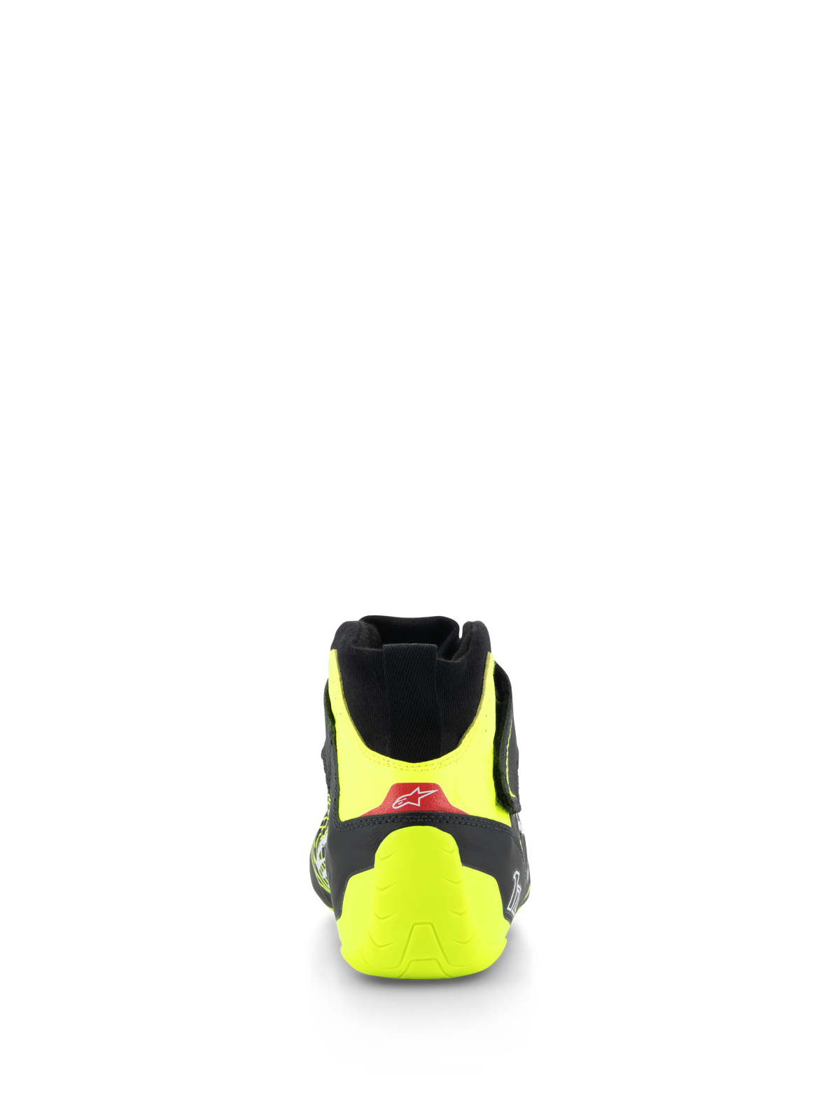 Alpinestars Tech-1 Z V3 Schuhe FIA, Auto-Rennschuhe, Schwarz und Fluo-Gelb, Rückansicht mit fluoreszierender gelber Fersenkappe und rotem Akzent mit weißem Logo, professionelles Motorsport-Schuhwerk