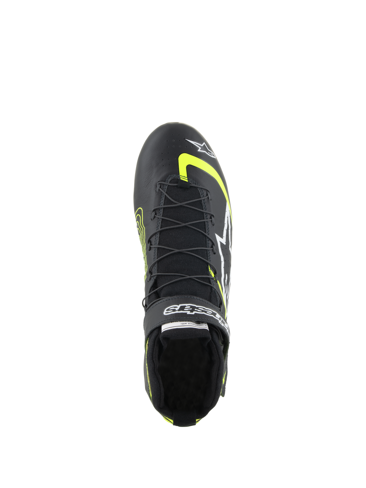 Alpinestars Tech-1 Z V3 Schuhe FIA, Auto-Rennschuhe, Schwarz und Gelb Fluo, Draufsicht mit doppeltem Schnellschnürsystem, Klettverschluss mit Branding und hochwertiger Lederkonstruktion für den professionellen Motorsport.