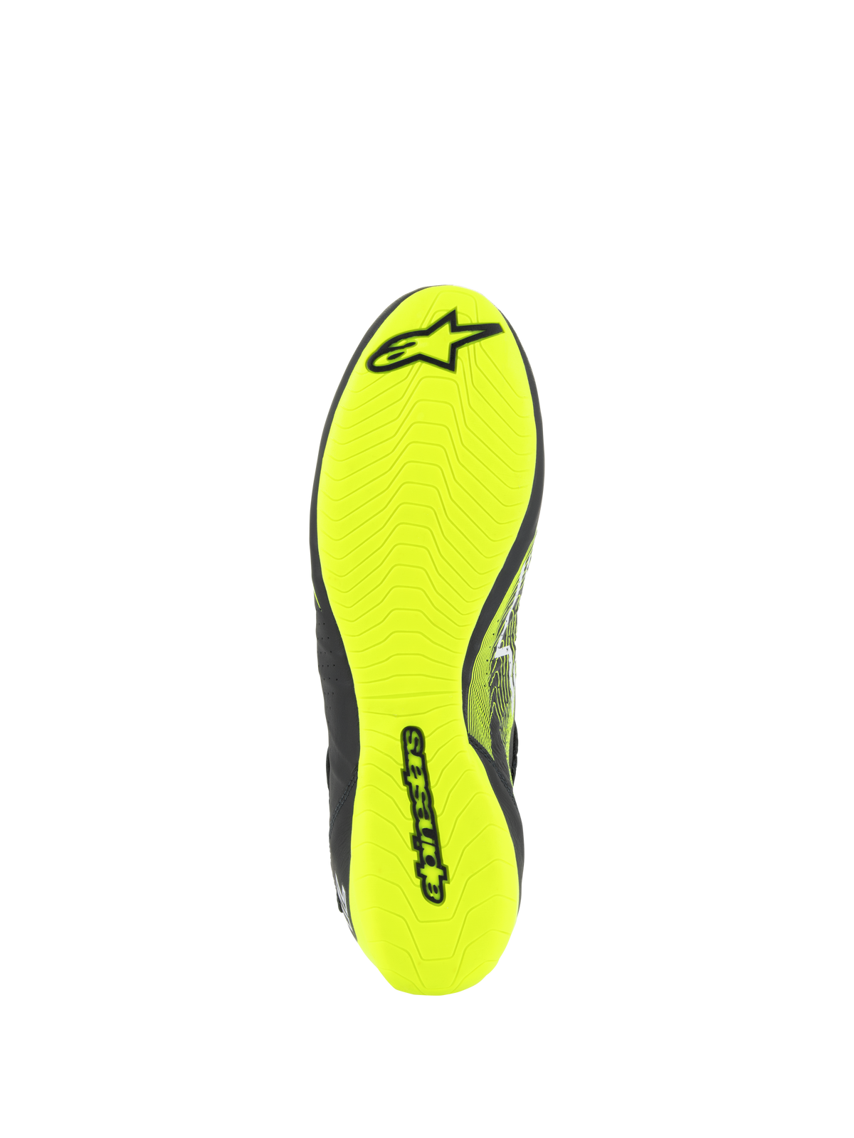 Alpinestars Tech-1 Z V3 FIA Schuhe, Autorennschuhe, Ansicht der Außensohle in Gelb Fluo, mit asymmetrischem Profil und schwarzem Alpinestars-Branding, dünne Gummisohle für maximale Pedalsensibilität und Griffigkeit