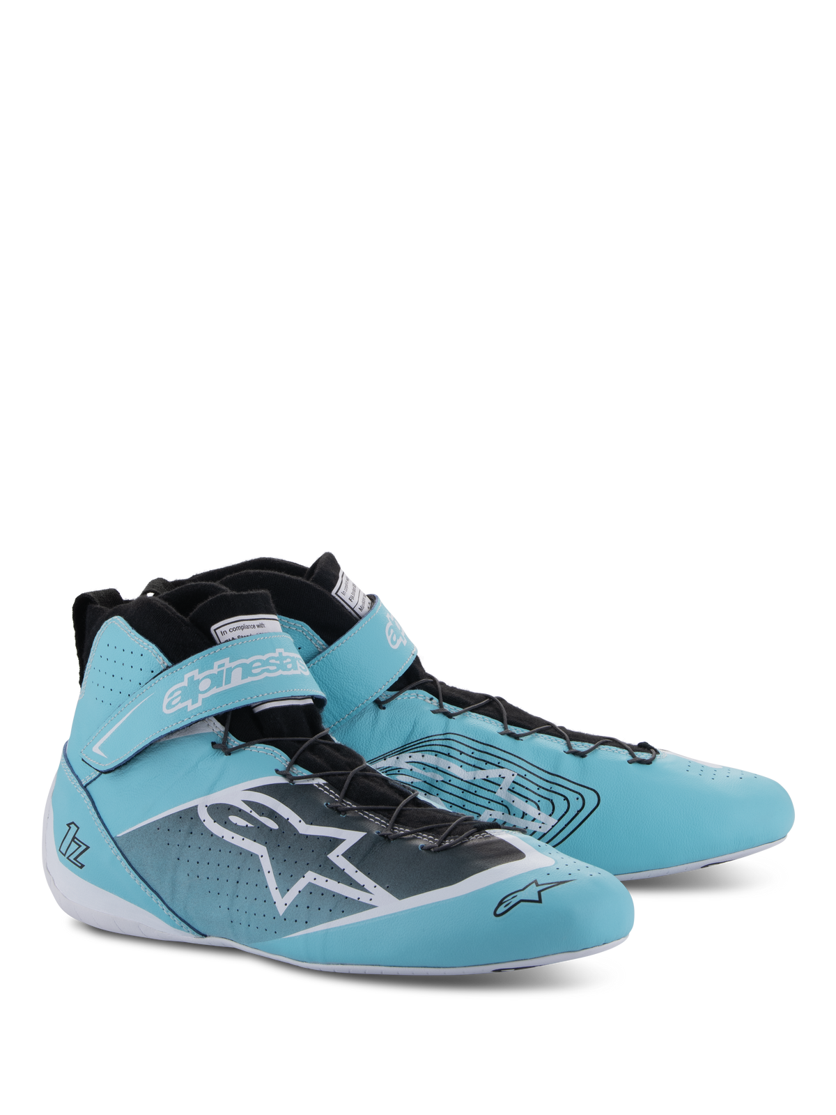 Alpinestars Tech-1 Z V3 Shoes FIA, Auto Racing Shoes, Light Teal White and Black, high-top design with velcro ankle strap, featuring prominent Alpinestars branding and perforated leather detailing for performance