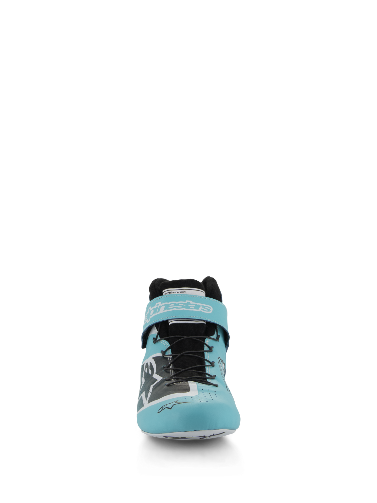 Alpinestars Tech-1 Z V3 Shoes FIA, Auto Racing Shoes, Light Teal White and Black, front view showing the premium leather upper, speed lacing system, and branded velcro ankle strap