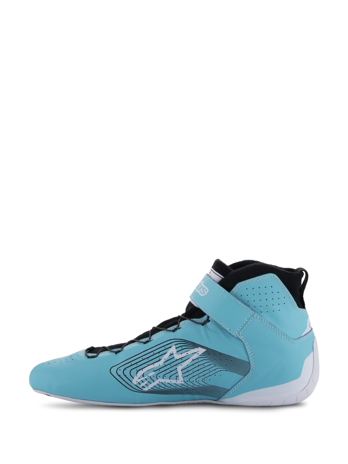 Alpinestars Tech-1 Z V3 Shoes FIA, Auto Racing Shoes, Light Teal White and Black, side profile view, premium leather with perforations, large star logo with wavy graphic lines, white sole and black collar