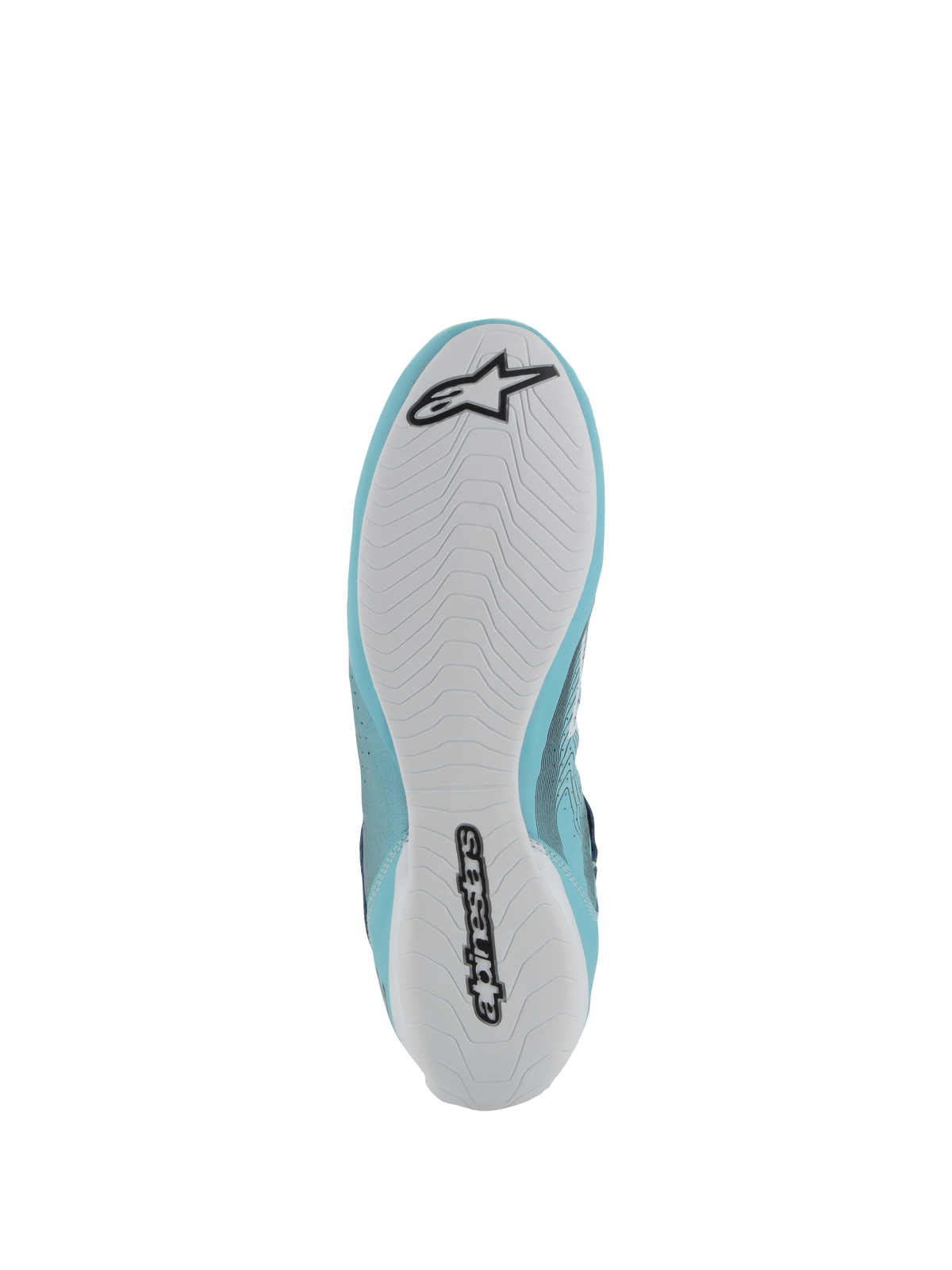 Alpinestars Tech-1 Z V3 Shoes FIA, Auto Racing Footwear, Light Teal and White, bottom view featuring a white rubber sole with black Alpinestars logo and wordmark, asymmetric tread pattern for grip and pedal feel.