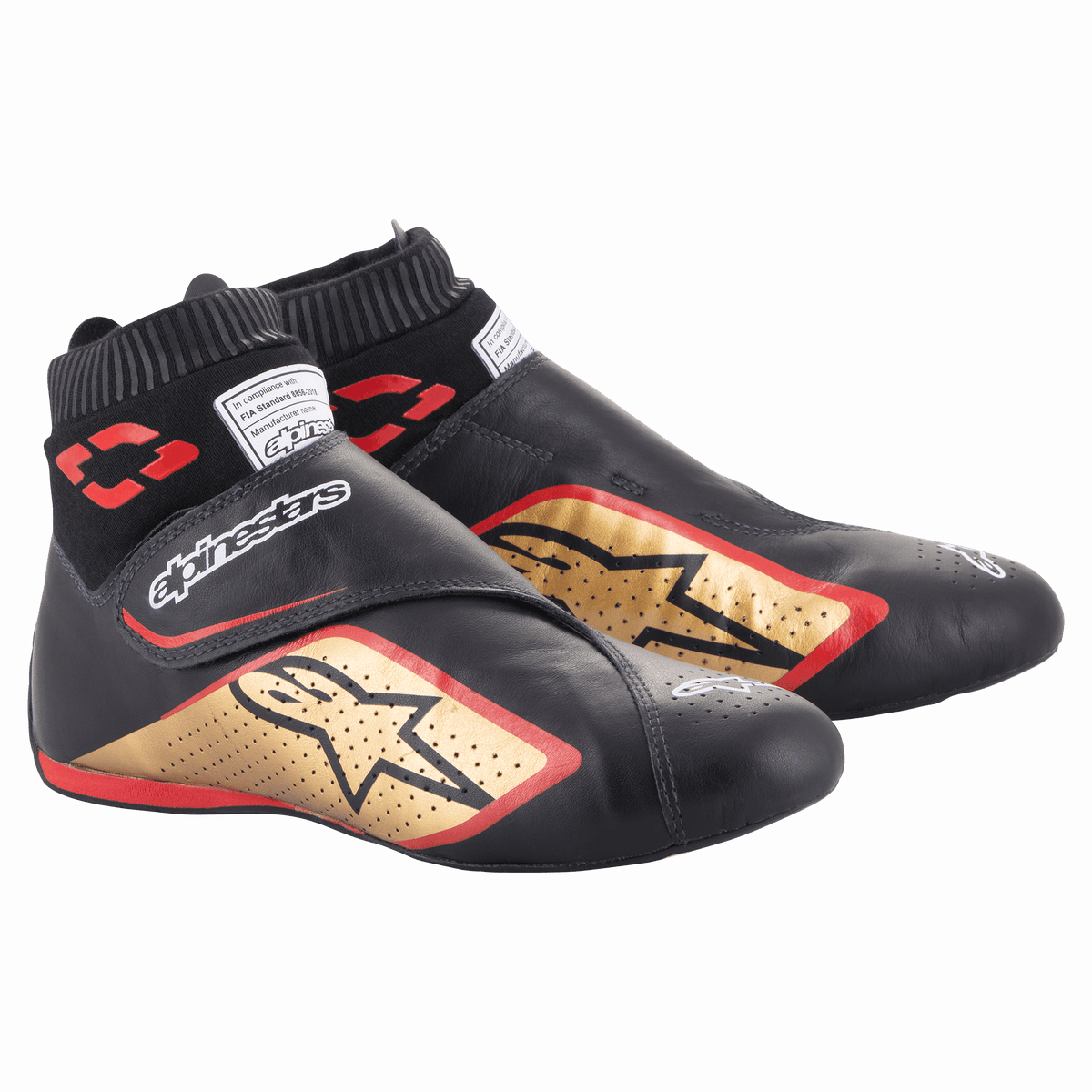 Alpinestars Supermono V2 Shoes FIA, Auto Racing Shoes, Black Gold and Red, ultra-lightweight leather construction, featuring a gold star logo with red outlines, sock-like elastic collar, and hook-and-loop strap closure