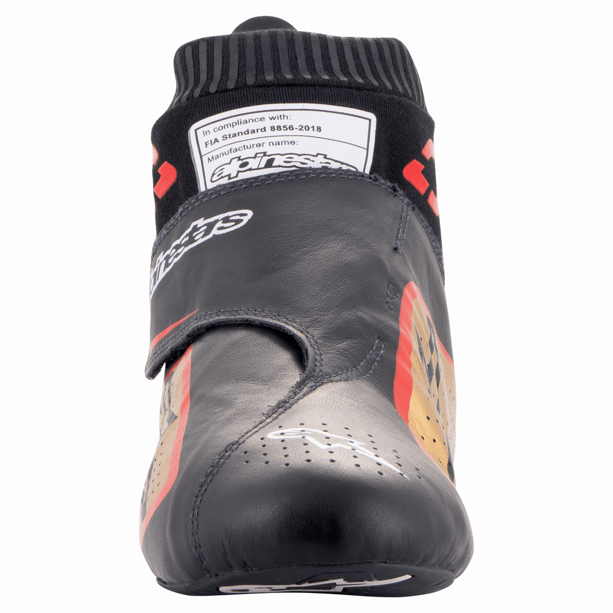 Alpinestars Supermono V2 Shoes FIA, Auto Racing Shoes, Black Gold and Red, front view showing the sleek one-piece leather upper, perforated toe, and fireproof sock collar with FIA 8856-2018 homologation label