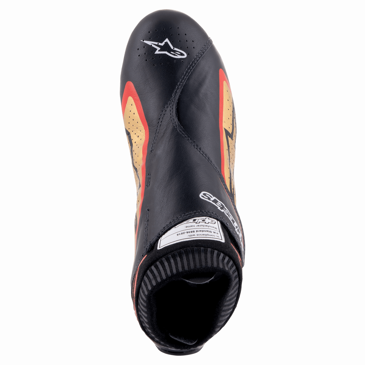 Alpinestars Supermono V2 Shoes FIA, Black Gold Red, top-down view of ultra-lightweight racing shoe, premium black leather with gold and red side accents, perforated zones for ventilation, and Alpinestars logo on the toe.