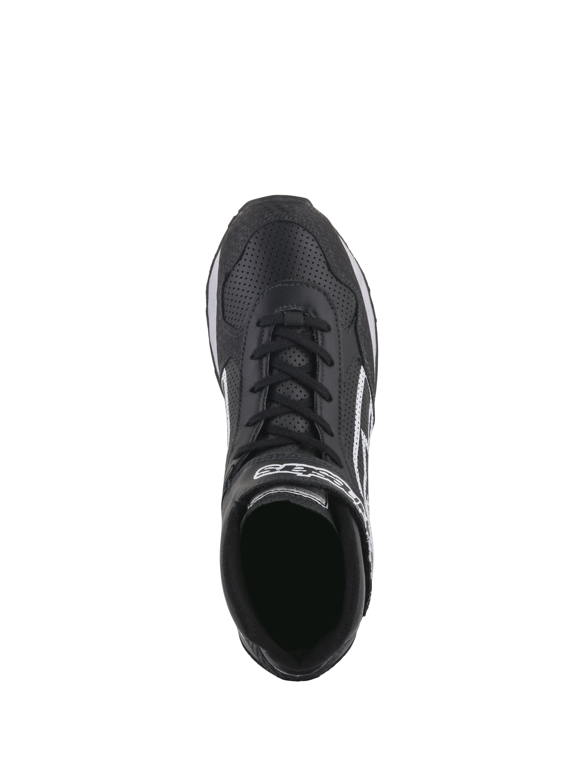 Alpinestars Radar Schuhe, Automobil-Rennsport Boxencrew-Schuhe, Schwarz und Weiß, Draufsicht mit Hervorhebung des perforierten Leder-Obermaterials, duales Verschlusssystem mit Schnürsenkeln und Klettverschluss, weißes Alpinestars-Logo, strapazierfähiges Design für professionelle Boxenstopps