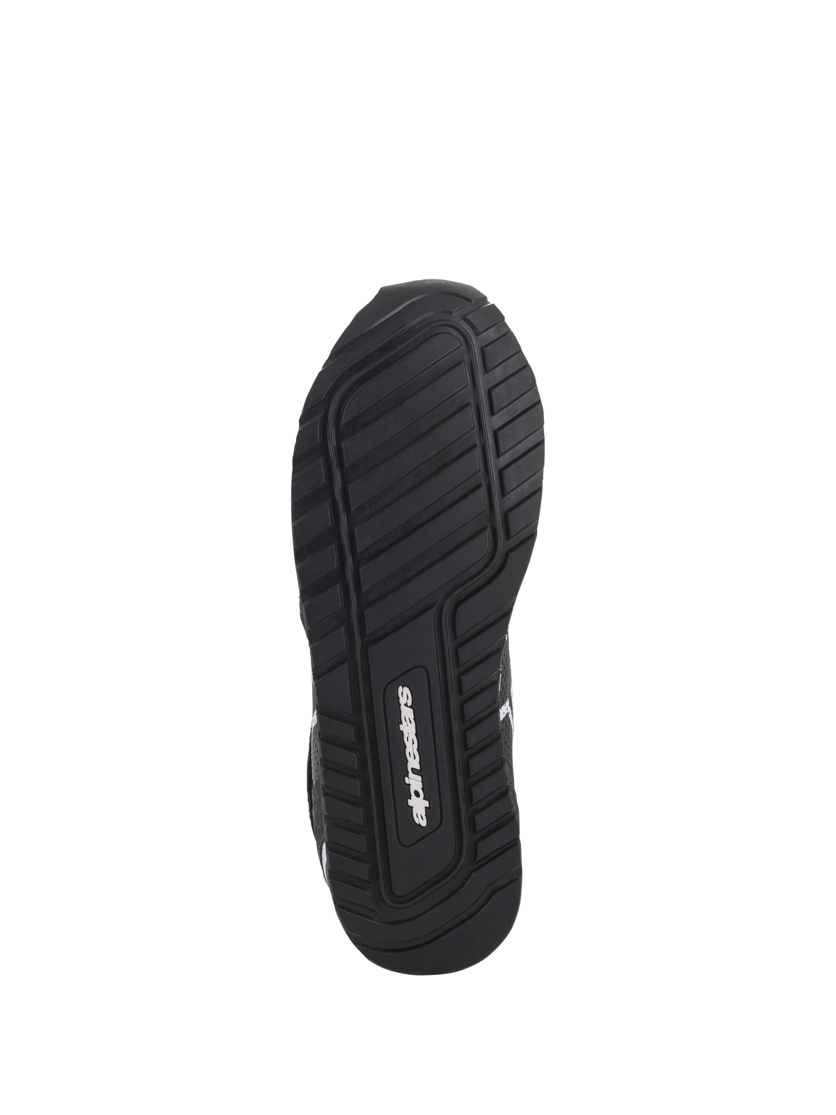 Alpinestars Radar Schuhe, Schwarz und Weiß, Ansicht von unten zeigt die exklusive Gummimischung-Sohle mit strukturiertem Profilmuster für Grip und Stabilität, mit dem Alpinestars-Logo in der Mitte.