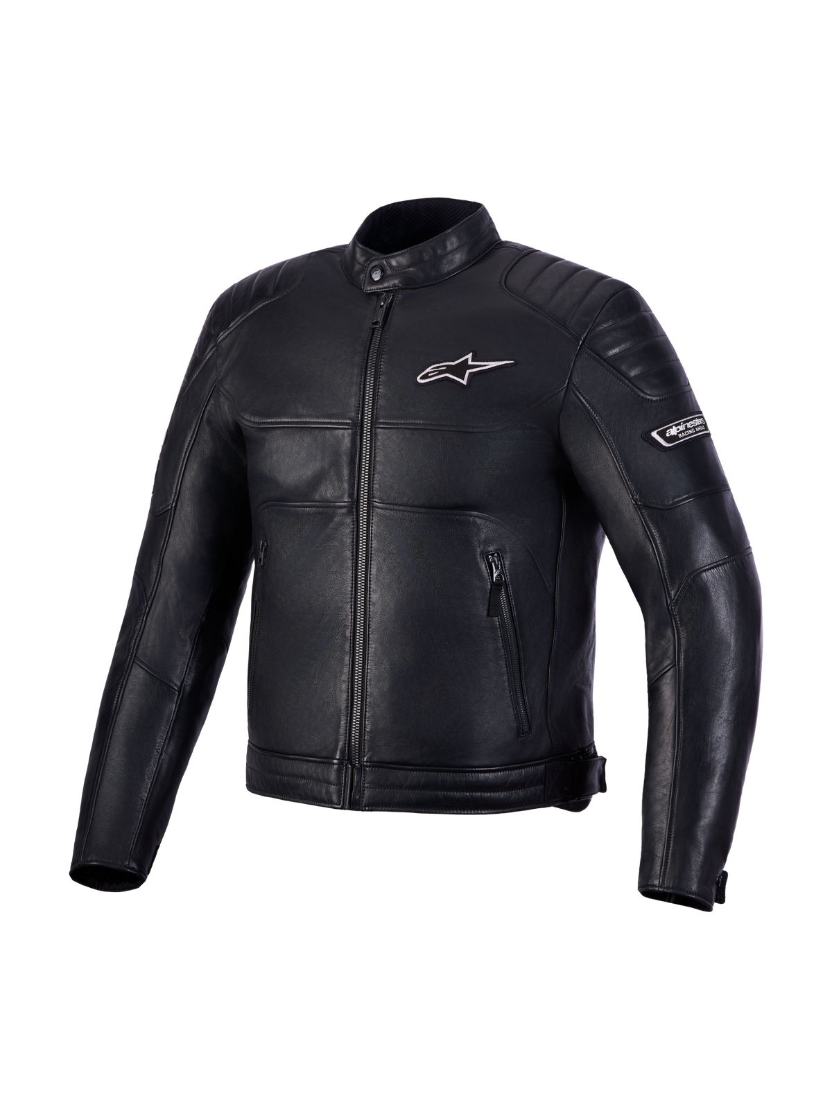 Alpinestars Revern Leather Jacket, Men's Black motorcycle jacket in full-grain leather with quilted shoulder panels, CE Certified AA protection, and racing-derived branding