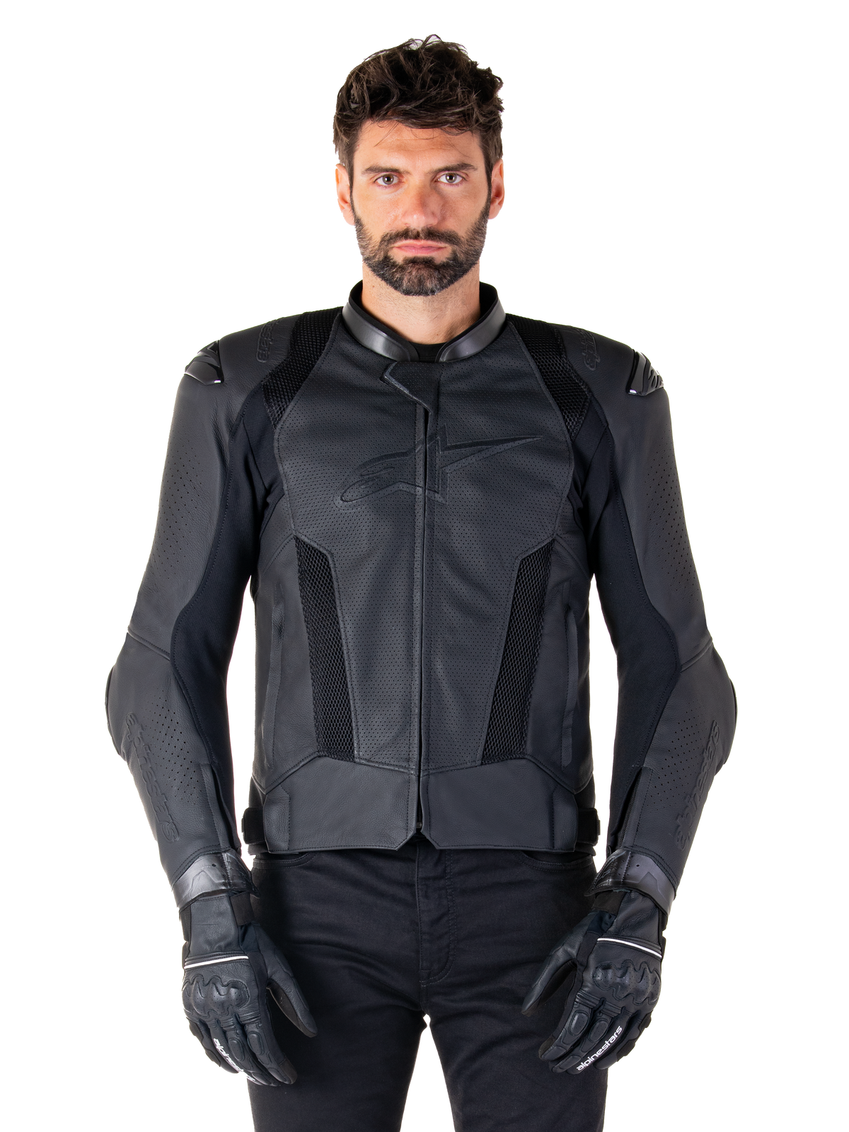 Alpinestars Missile V3 Airflow Leather Jacket, Black, Motorcycle Racing Jacket, worn by a model with black gloves and pants, featuring perforated leather panels, mesh ventilation, and external shoulder protectors, premium leather construction for sport riding.