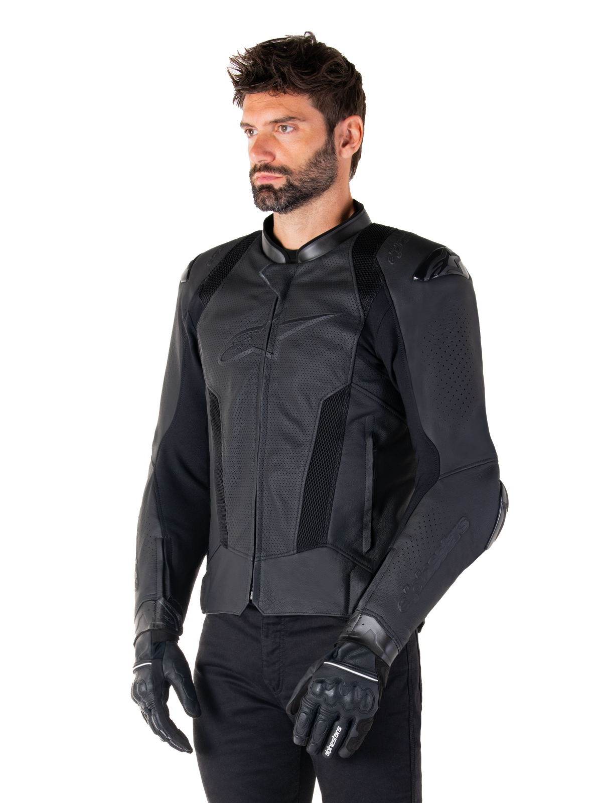 Alpinestars Missile V3 Airflow Leather Jacket, Black Black, worn by a man with black motorcycle gloves and pants, featuring extensive perforated leather panels, DFS shoulder protectors, and a sleek race-fit design.