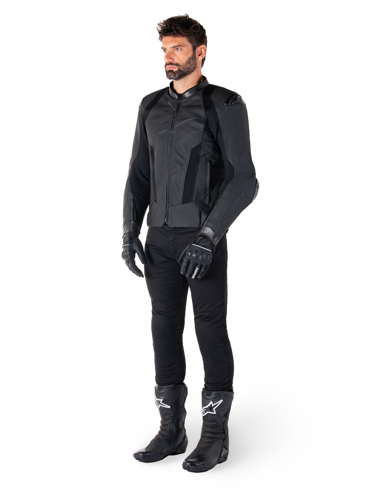 Alpinestars Missile V3 Airflow Leather Jacket, Black, worn by a rider with matching black pants, gloves, and boots, featuring perforated bovine leather for maximum ventilation and DFS shoulder armor, premium sport motorcycle gear