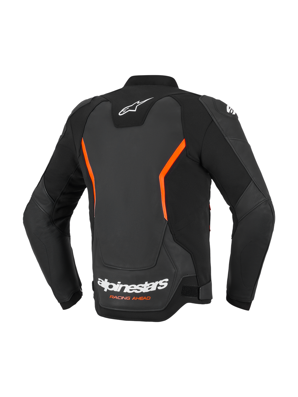 Alpinestars GP Force V2 Leather Jacket, Leather Motorcycle Jacket, Black and Red Fluo, back view featuring white Alpinestars logos and orange Racing Ahead text, fluo red angular accents, multi-panel construction with pre-curved sleeves