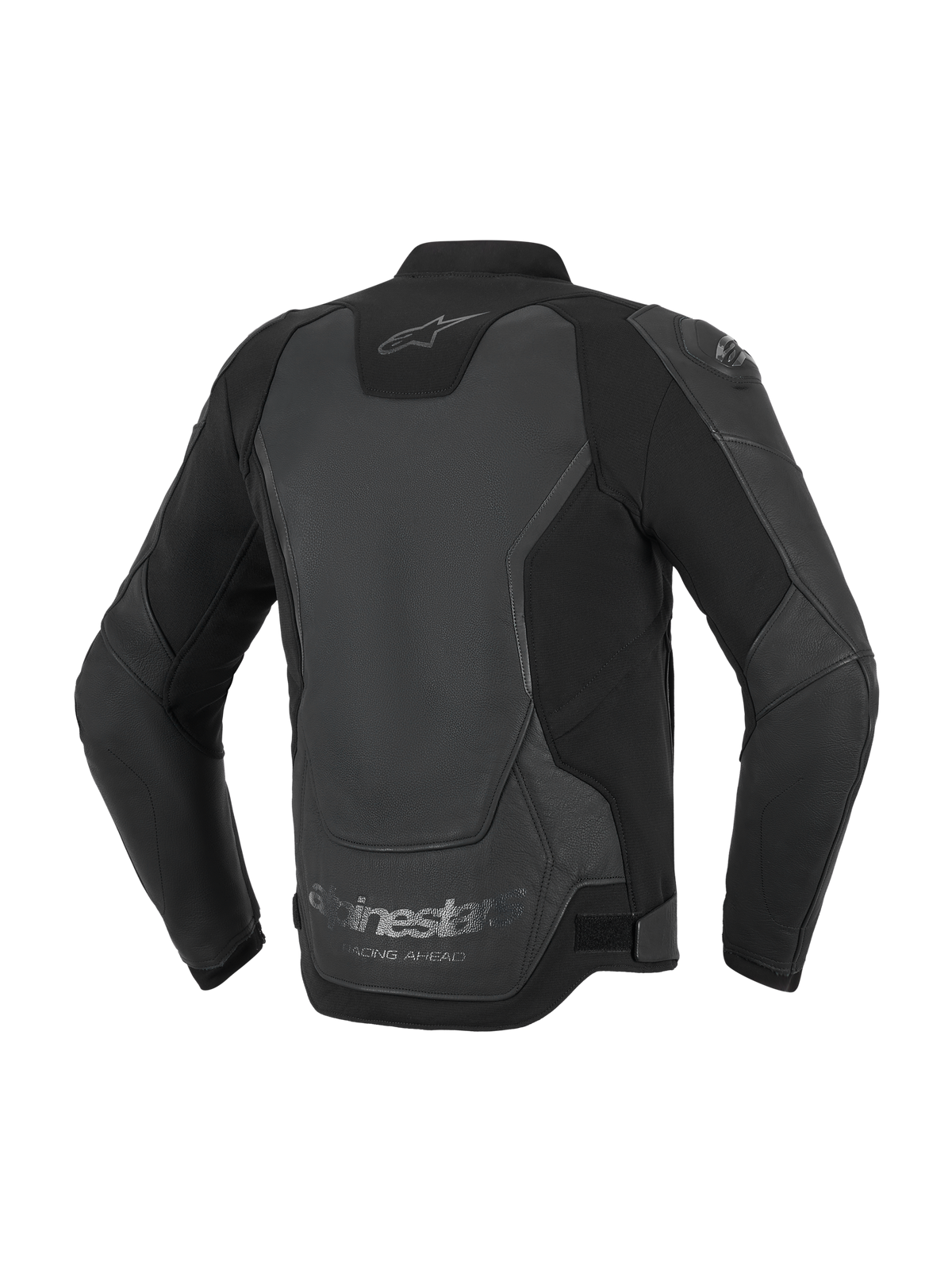 Alpinestars GP Force V2 Lederjacke, Motorradjacke, Schwarz, Rückansicht mit Fokus auf der Mehrpanel-Leder- und Textilkonstruktion, Alpinestars-Logo im Nacken und 'Racing Ahead'-Branding am unteren Saum.