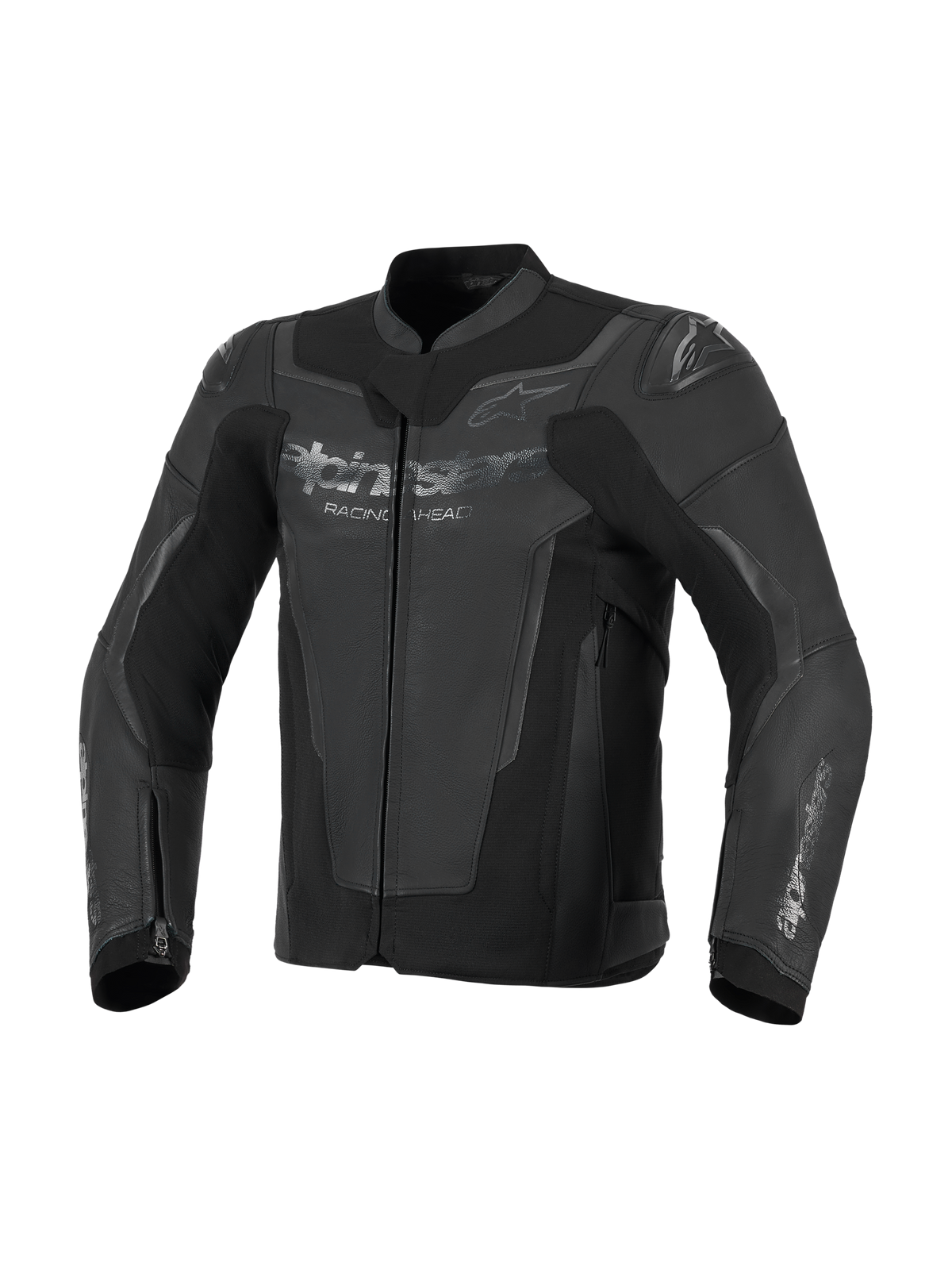 Alpinestars GP Force V2 Lederjacke, Schwarz, hochwertige Rindslederkonstruktion mit High-Stretch-Panels, mit integrierten GP Lite Evo DFS Schulterprotektoren und Alpinestars-Logos auf der Brust und den Ärmeln, sportliche Motorradbekleidung