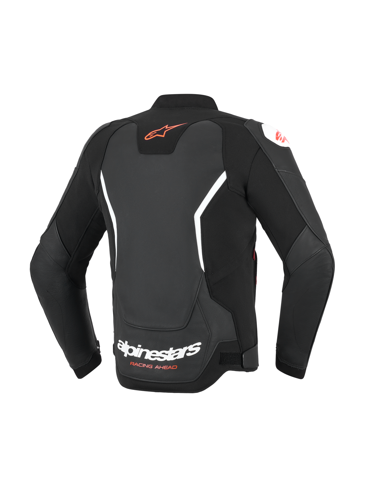 Alpinestars GP Force V2 Lederjacke, Schwarz mit weißen und roten Akzenten, Rückansicht mit rotem Astar-Logo am oberen Rücken und weißem Alpinestars-Schriftzug am unteren Rücken, Sport-Passform, Leder-Motorradjacke mit Akkordeon-Stretcheinsätzen