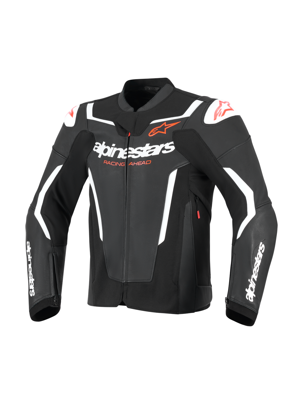 Alpinestars GP Force V2 Lederjacke, Sport-Motorradjacke, Schwarz und Weiß, mit markantem weißen Alpinestars-Schriftzug auf der Brust und den Ärmeln, roten Stern-Logos und externen Schulterschleifern, professionelles, vom Rennsport inspiriertes Lederdesign.