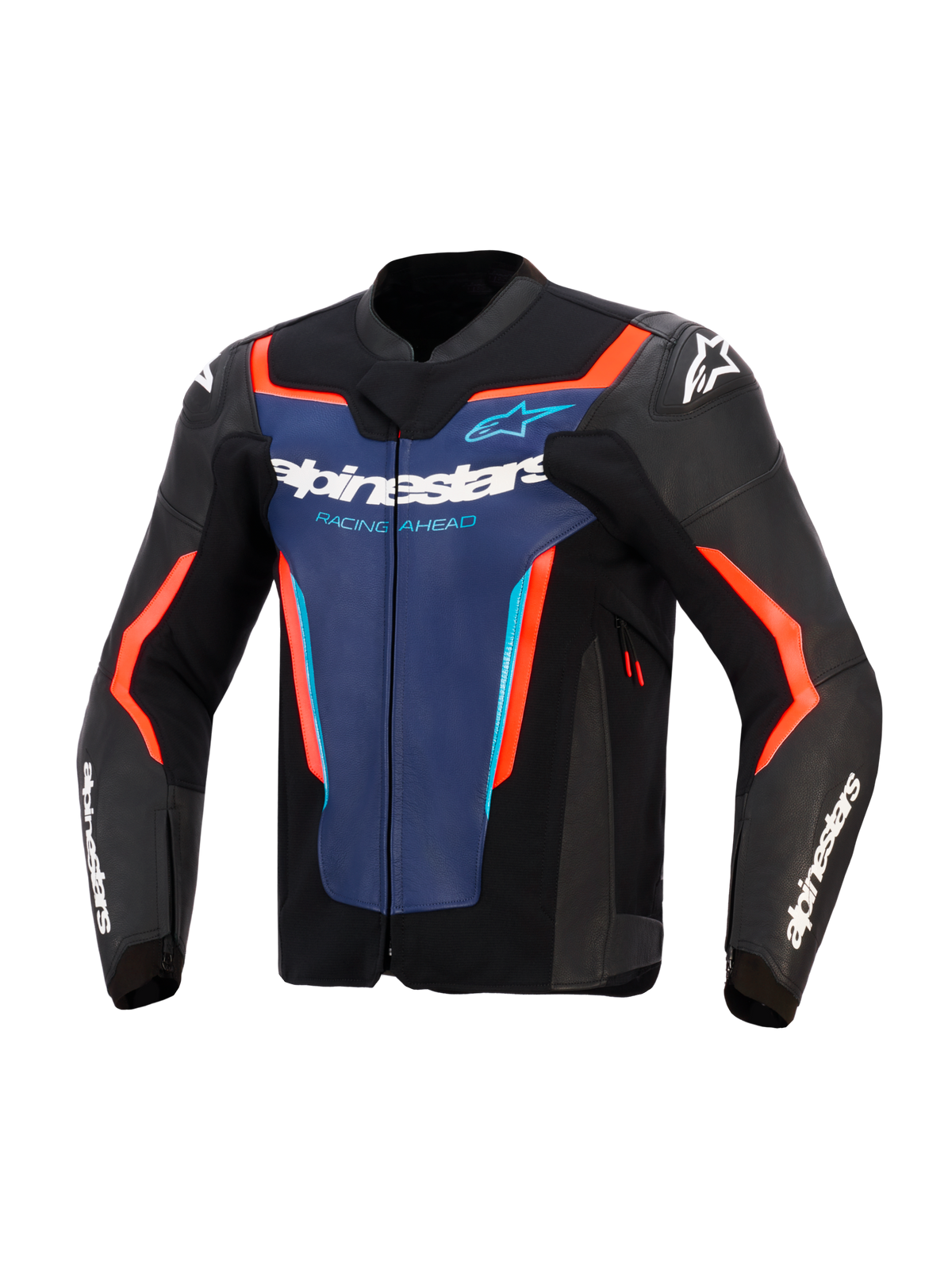 Alpinestars GP Force V2 Lederjacke, Schwarz, Blau und Fluo-Rot, Vorderansicht mit blauem Brusteinsatz, weißem „Alpinestars“- und „Racing Ahead“-Branding, neon-orange-roten Akzenten und weißen Logos an den Schultern und Ärmeln, konzipiert für sportliches Motorradfahren.