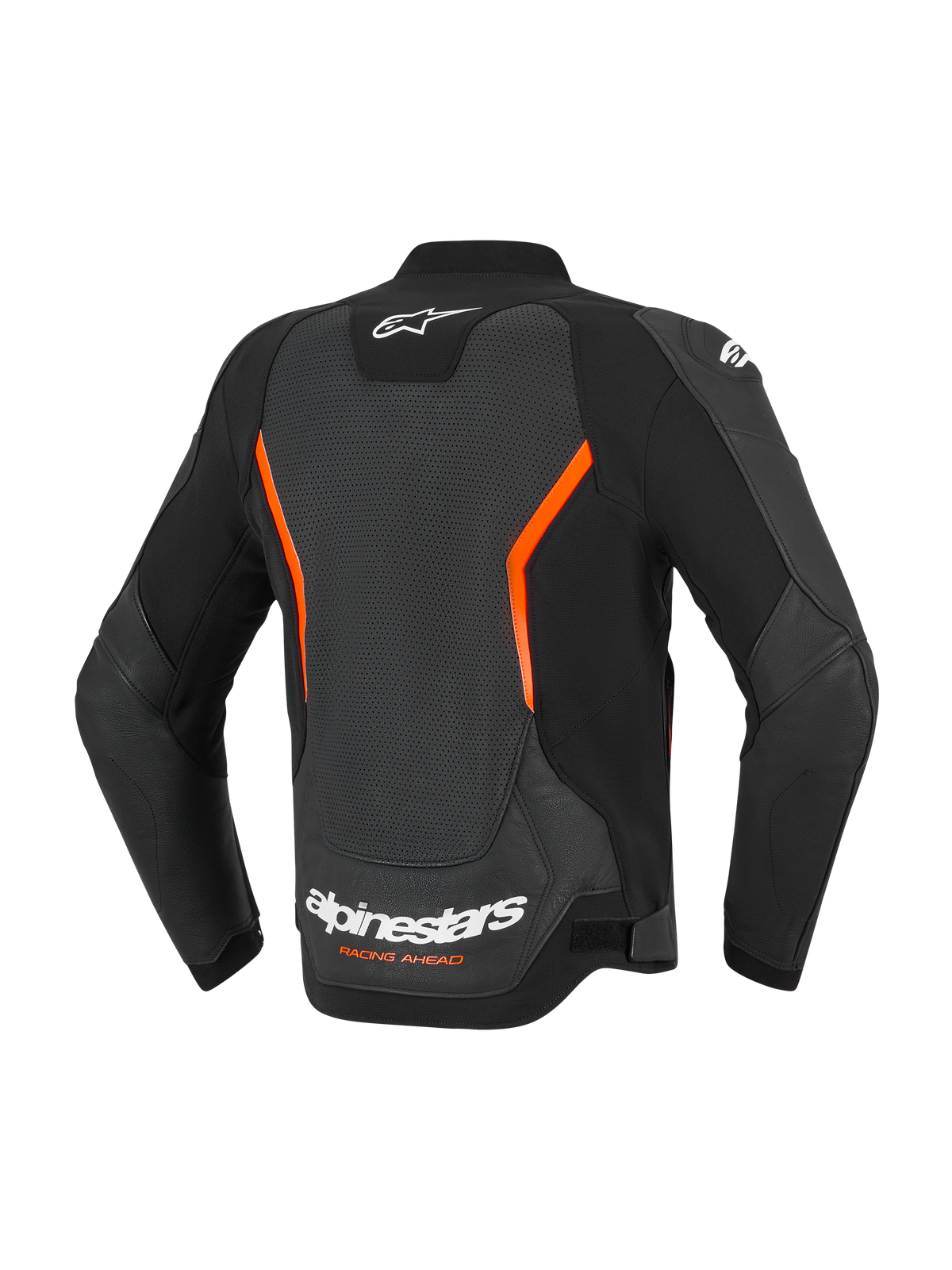 Alpinestars GP Force V2 Air Lederjacke, Rückansicht, Schwarz und Fluo-Rot, großes perforiertes Rückenpanel für optimale Belüftung, weißes Alpinestars-Logo und „Racing Ahead“-Schriftzug am unteren Rücken, ergonomisch vorgekrümmte Ärmel.