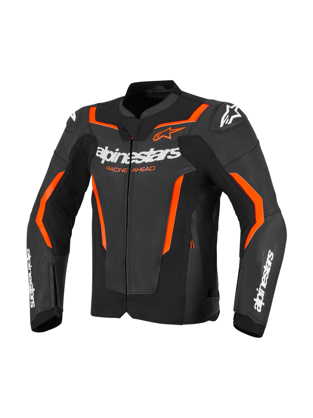 Alpinestars GP Force V2 Air Lederjacke, Schwarz und Red Fluo, perforierte Motorrad-Lederjacke mit weißem Alpinestars-Branding auf der Brust und den Ärmeln, leuchtend orangefarbenen Akzenten und integrierten Schulterprotektoren, Vorderansicht.