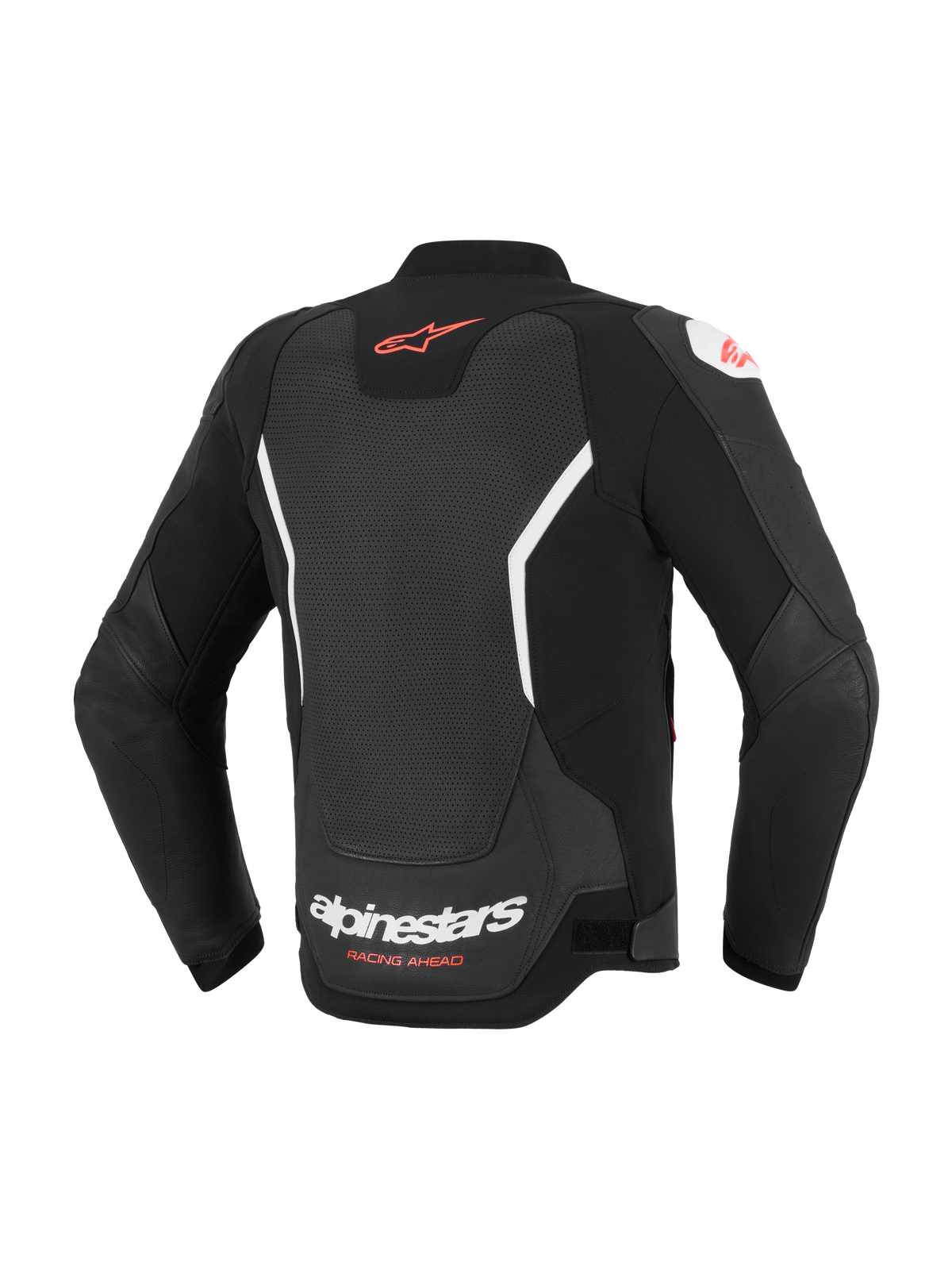 Alpinestars GP Force V2 Air Lederjacke, Rückansicht, Schwarz und Weiß, mit großflächigem perforiertem Rückenpanel zur Belüftung, rotem Alpinestars-Logo auf dem oberen Rücken, weißem Branding auf dem unteren Rücken, hochwertige Rindsleder-Konstruktion für sportliches Fahren