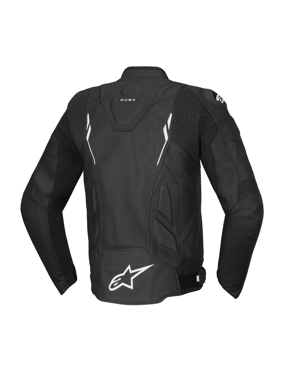 Alpinestars Dusk Lederjacke, Motorradjacke für Herren, Rückansicht, Schwarz und Weiß, Rindsleder, Tech-Air Ready.