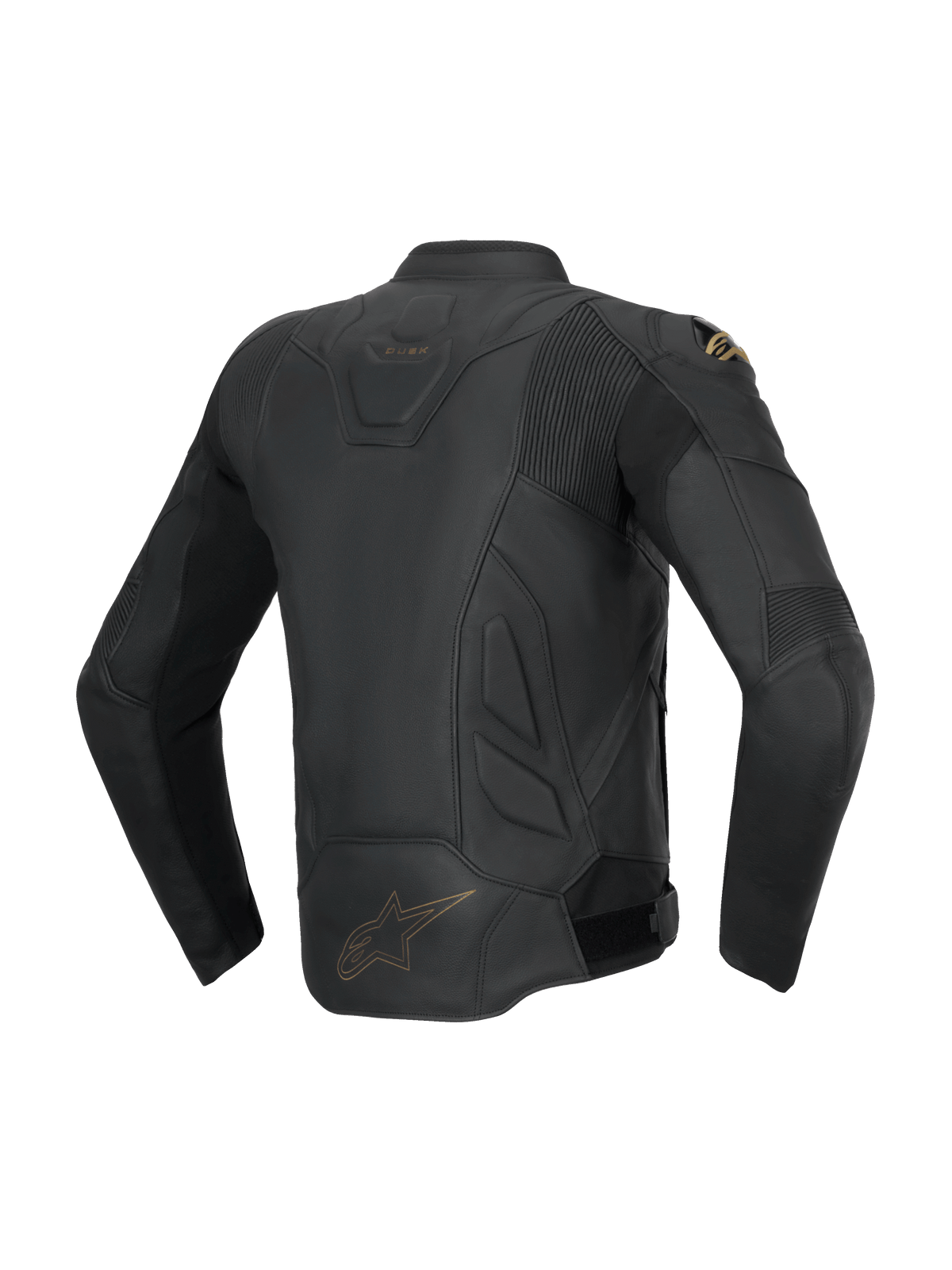 Alpinestars Dusk Lederjacke, schwarze Herren-Motorradjacke aus Rindsleder mit Stretch-Akkordeon-Einsätzen, Rückansicht.