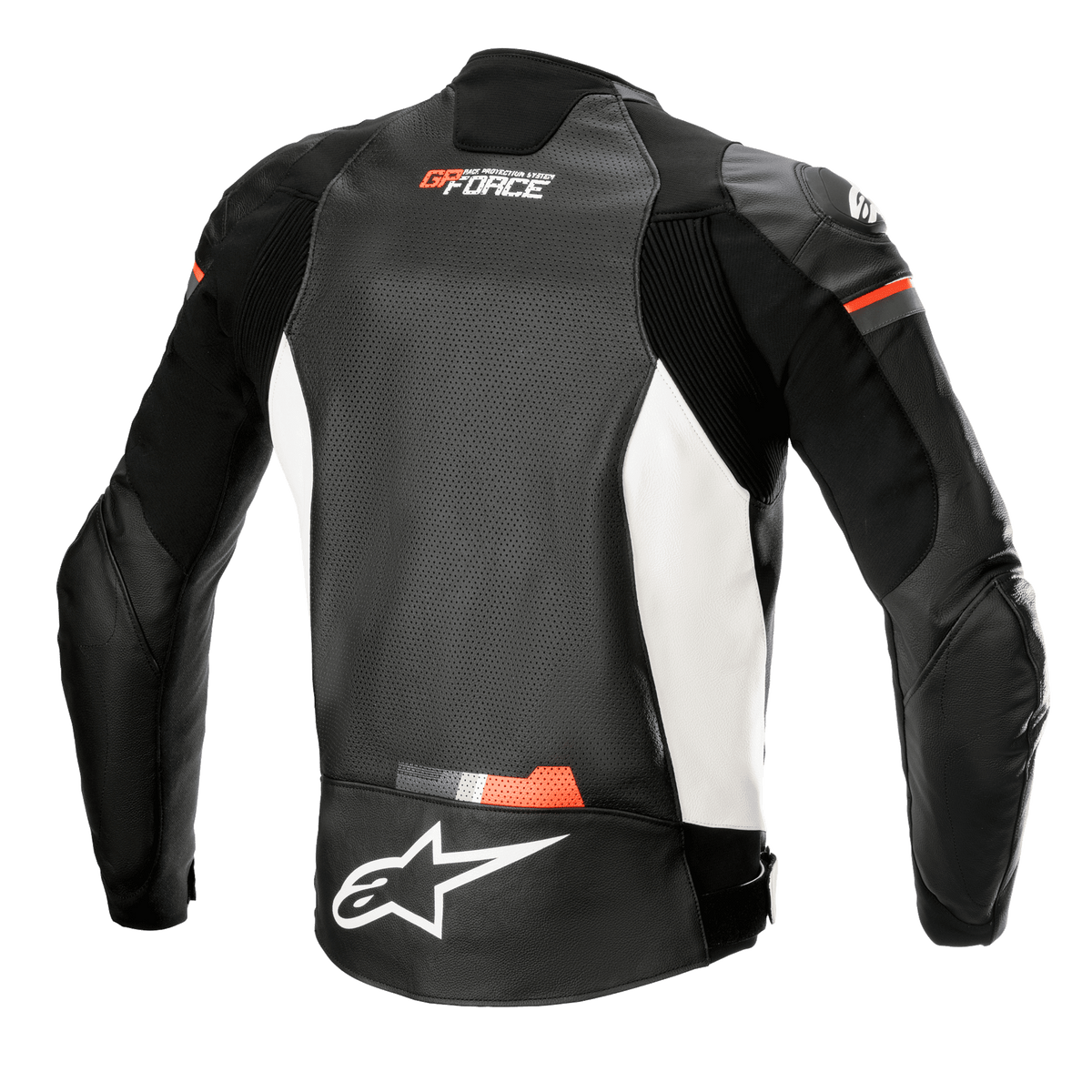 Alpinestars GP Force Airflow Lederjacke, Rückansicht, Schwarz, Weiß und Neonrot, perforiertes Leder-Rückenteil zur Belüftung, Akkordeon-Stretcheinsätze an den Schultern und Seiten, weißes Alpinestars-Logo am unteren Rücken, GP Force-Branding am oberen Rücken, Sport-Motorradbekleidung