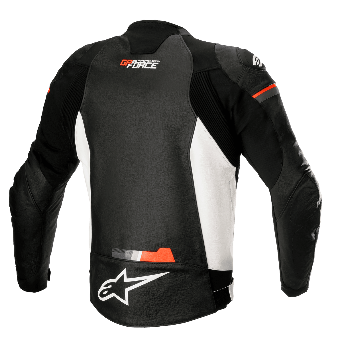 Alpinestars GP Force Lederjacke, Motorrad-Lederjacke, Schwarz, Weiß und Leuchtend Rot, Rückansicht mit weißen Seiteneinsätzen und leuchtend roten Akzenten, GP Force und Alpinestars Logo-Branding, sportliches Lederdesign mit Akkordeon-Stretcheinsätzen