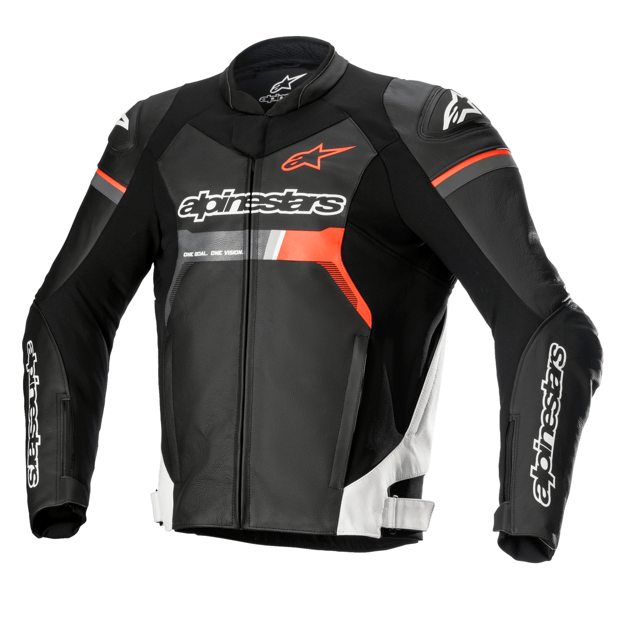 Alpinestars GP Force Lederjacke, Motorrad-Rennjacke, Schwarz mit weißen und roten Fluo-Akzenten, markantes Alpinestars-Branding auf Brust und Ärmeln, hochwertige Rindslederkonstruktion mit DFS Lite Schulterprotektoren, aerodynamische Silhouette