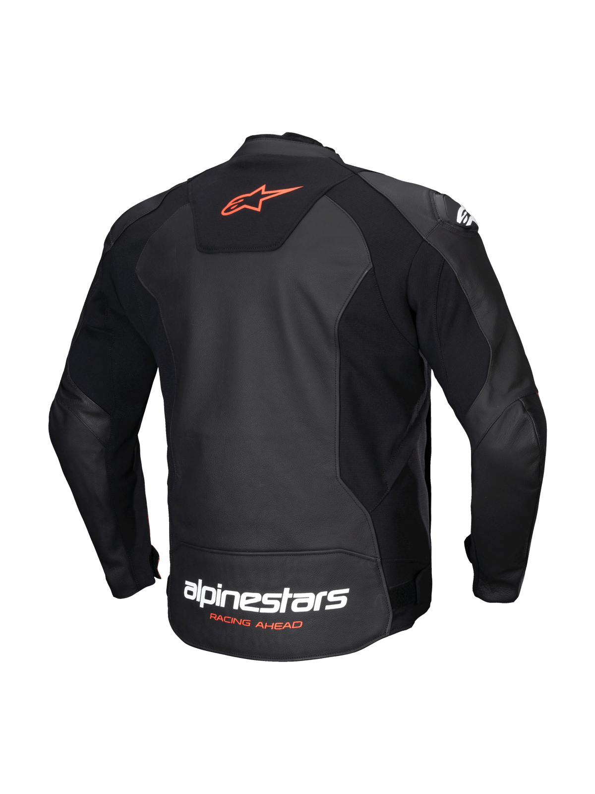 Alpinestars Faster V3 Lederjacke, Herren-Sportmotorradjacke, Rückansicht in Schwarz und Rot Fluo, aus hochwertigem Leder und mit HRSF-Stretcheinsätzen, CE-zertifiziert Klasse AA