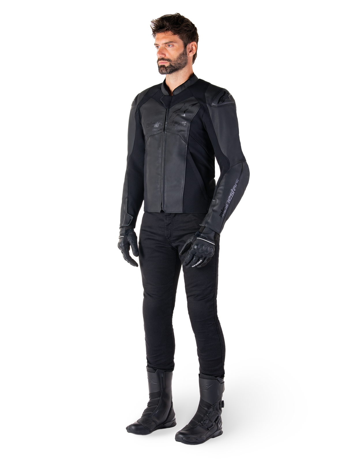 Alpinestars Faster V3 Leather Jacket, Black Black, worn with black pants, gloves, and boots, featuring a technical leather build with HRSF stretch panels, integrated DFS GP Lite shoulder protectors, and a sleek sport-derived silhouette