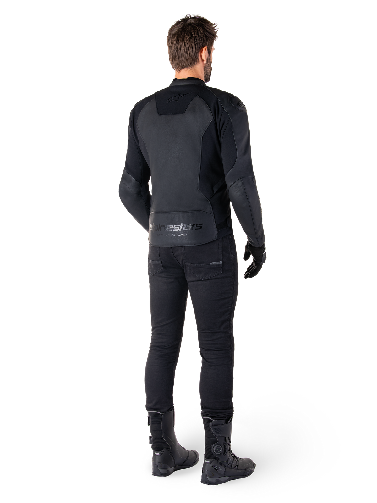 Alpinestars Faster V3 Leather Jacket, Black Black, rear view on a rider, featuring premium leather panels and embossed Alpinestars branding, paired with black riding pants and boots for a complete sport motorcycling look.