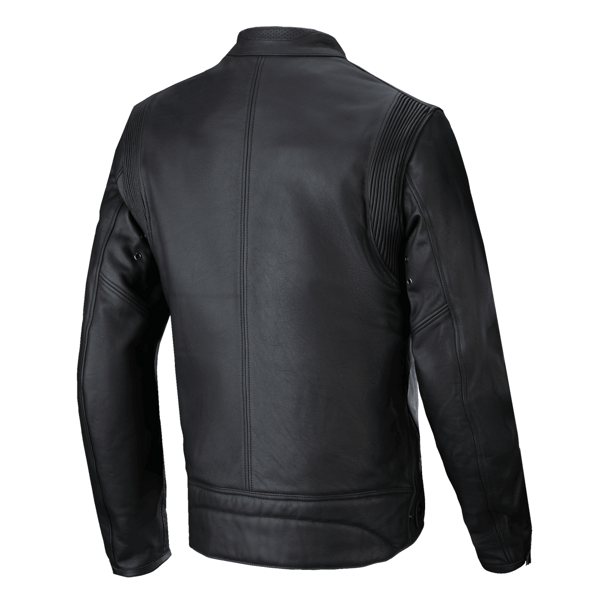 Alpinestars Dyno Lederjacke, Schwarz, Rückansicht, vom Heritage-Stil inspirierte Motorradjacke aus hochwertigem Rindsleder, mit Akkordeon-Stretch-Einsätzen an den Schultern und einer klaren vertikalen Mittelnaht.