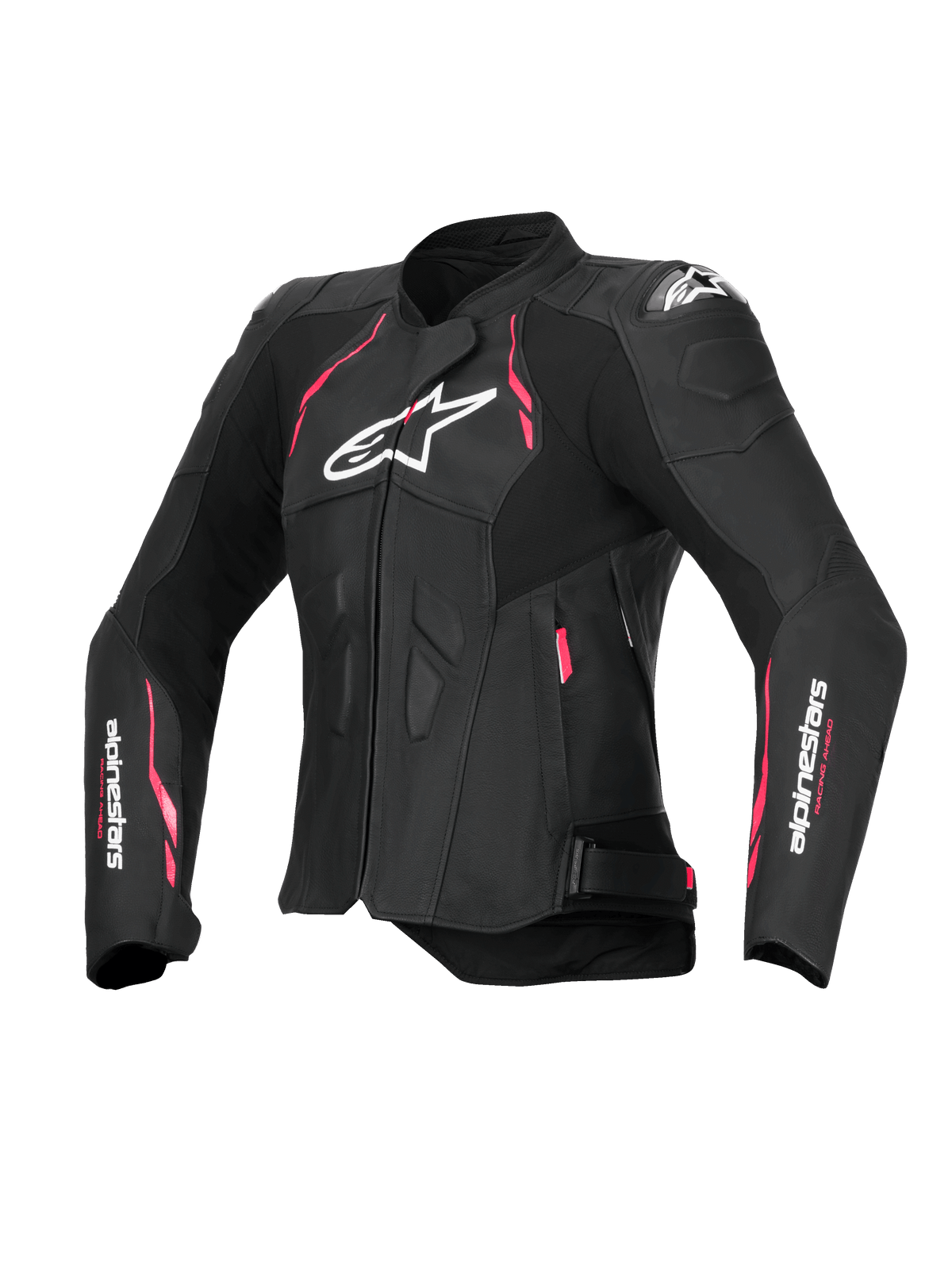 Alpinestars Stella Dusk Lederjacke, Damen-Motorradjacke in Schwarz mit pinken und weißen Akzenten, CE-zertifiziert Klasse AA mit externem DFS-Schulterschutz