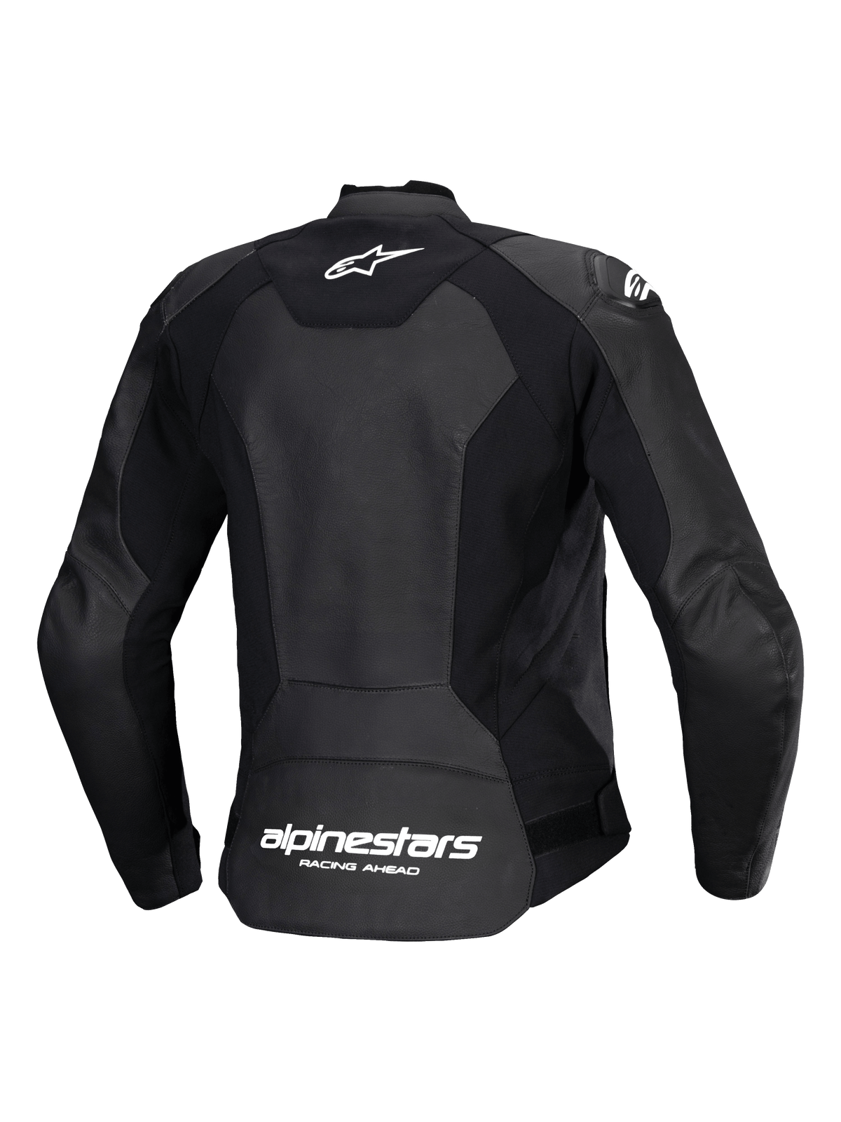 Alpinestars Stella Faster V3 Lederjacke, Sport-Motorradjacke für Damen, Schwarz und Weiß, Rückansicht mit Multi-Paneel-Leder- und Stretchgewebe-Konstruktion, weißes Alpinestars-Logo am oberen Rücken und Branding am unteren Rücken, schlanke sportliche Passform für Performance-Fahrten