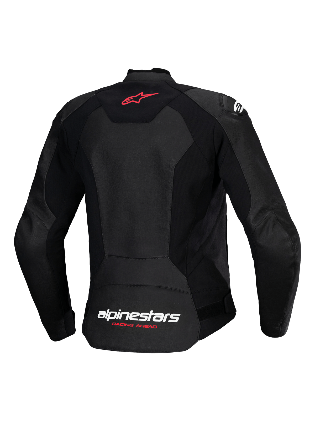 Alpinestars Stella Faster V3 Leather Jacket, Women's Sport Motorcycle Jacket, Black, back view featuring red star logo on the upper back and white Alpinestars branding with Fluo Coral "Racing Ahead" text on the lower back, contoured female fit with premium leather and stretch panels