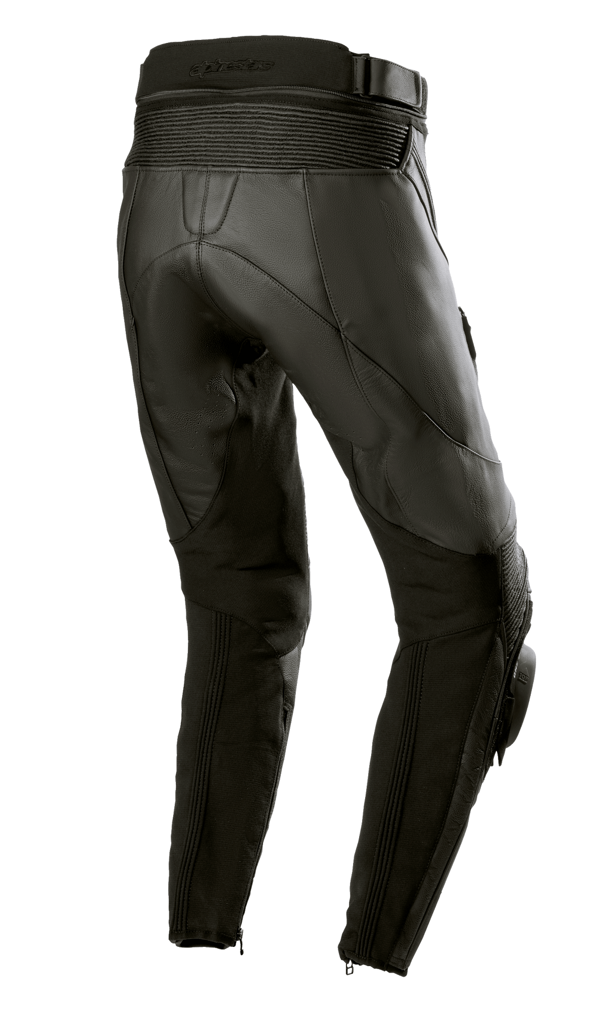 Alpinestars Damen Stella Missile V3 Lederhose, Schwarz, Rückansicht mit hohem hinterem Bund und Akkordeon-Leder-Stretchzonen oberhalb des Knies, hochwertige Rindslederkonstruktion mit Stretcheinsätzen an den Waden und Knöchelreißverschlüssen, konzipiert für Rennsport und sportliches Fahren.