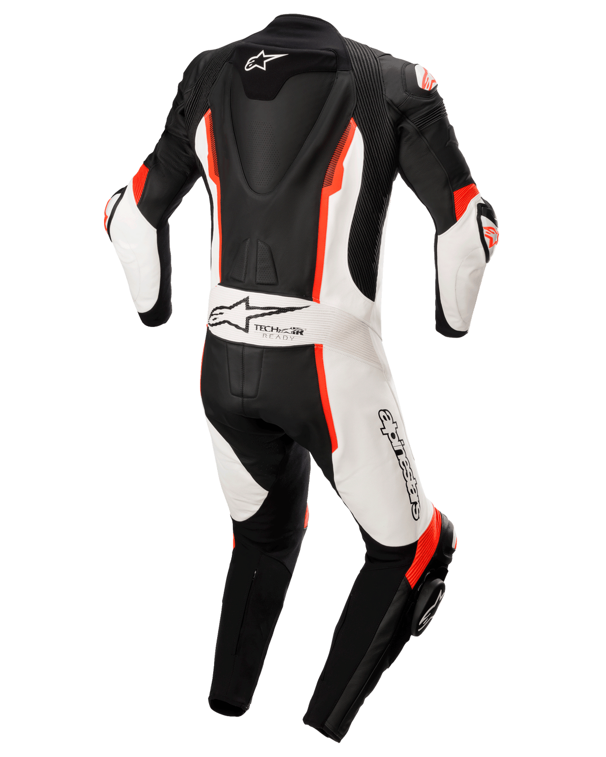 Alpinestars Missile V2 1-Piece Leather Suit, Black White and Red Fluo, rear view featuring aerodynamic back hump, Tech-Air Ready branding, and Alpinestars logo, premium leather motorcycle racing suit
