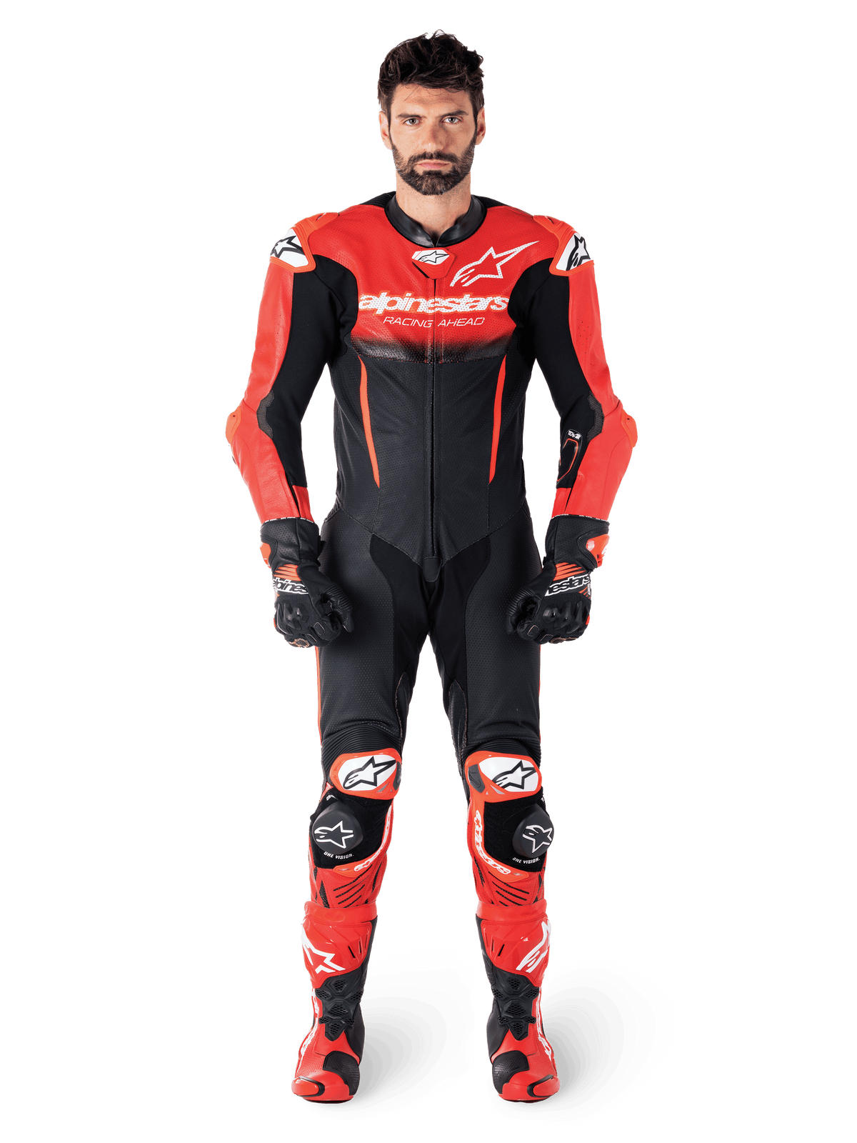Alpinestars GP-R7 One Piece Leather Suit for men, Black Mid Red racing suit featuring premium bovine leather and race fit.