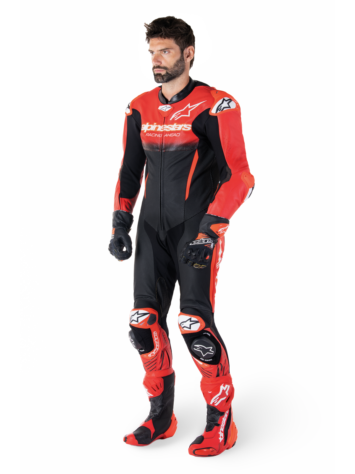 Alpinestars GP-R7 One Piece Leather Suit, Men's Racing, Black and Red, Perforated Bovine Leather, Tech-Air Ready, on model