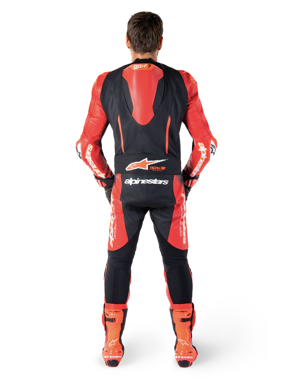 Alpinestars GP-R7 1-Piece Leather Suit, Black and Red motorcycle racing gear, rear view with aerodynamic hump