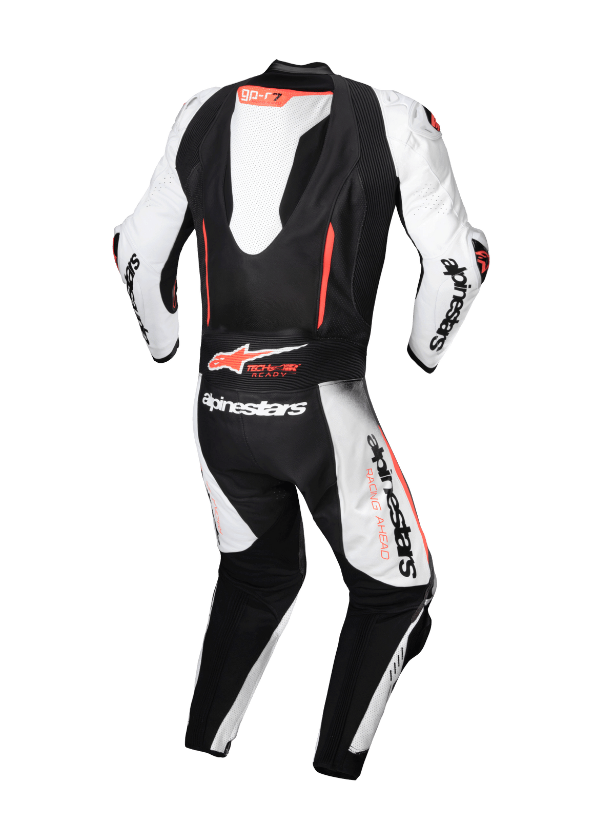 Alpinestars GP-R7 Lederkombi 1-Teiliger, Motorradrennanzug, Weiß und Schwarz, Tech-Air® Ready mit aerodynamischem Höcker, Rückansicht.