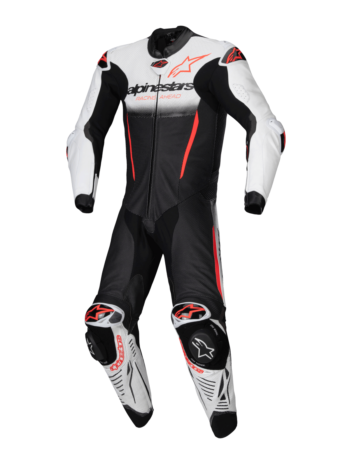Alpinestars GP-R7 Lederkombi 1-Teiliger, Motorrad-Rennanzug, Weiß, Schwarz, Rot Fluo, Tech-Air® Ready, perforiertes Rinderleder.