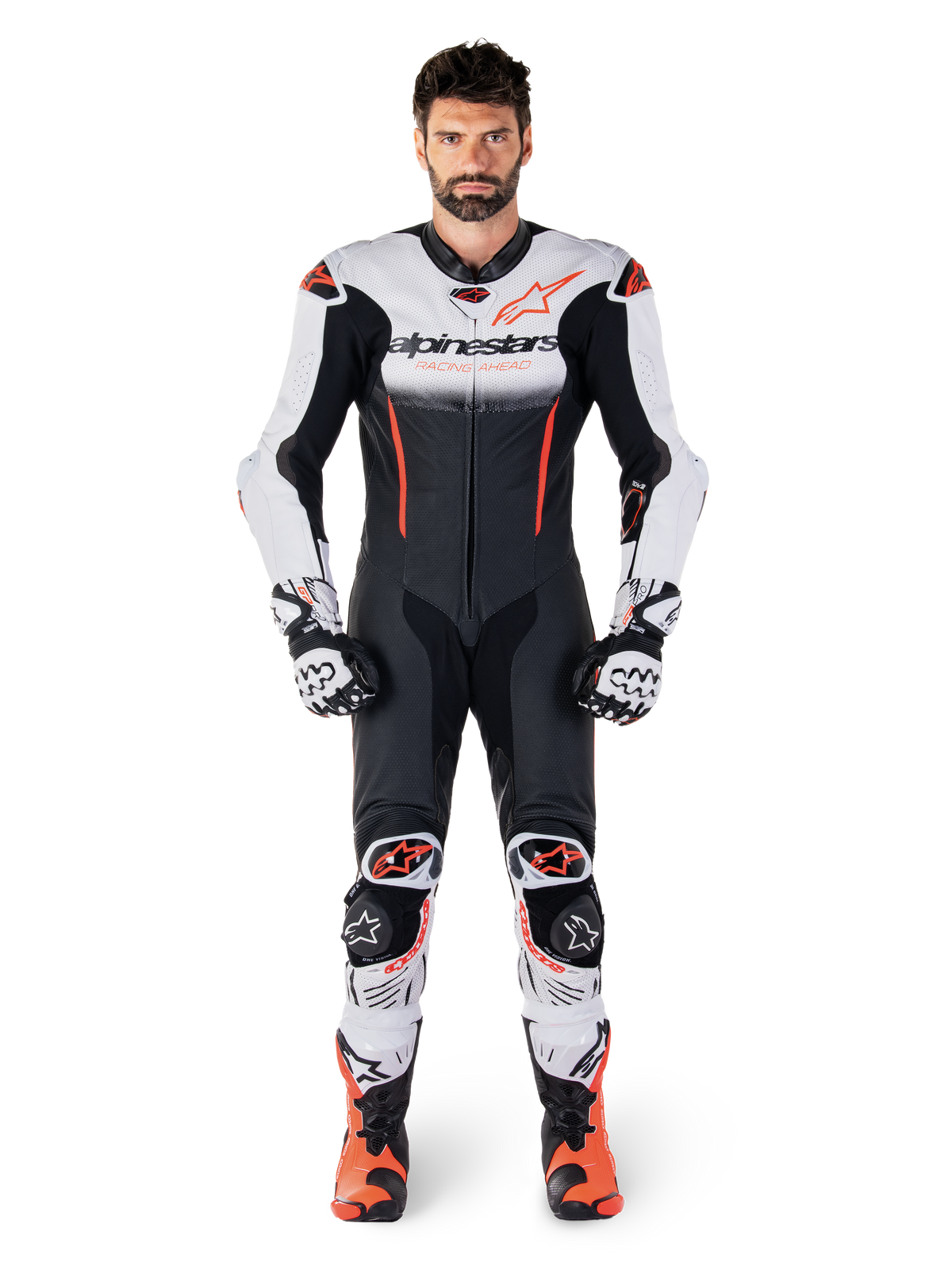 Alpinestars GP-R7 Einteiler-Lederkombi in Weiß, Schwarz und Rot Fluo, Premium-Motorrad-Rennkombi aus Leder für Herren.