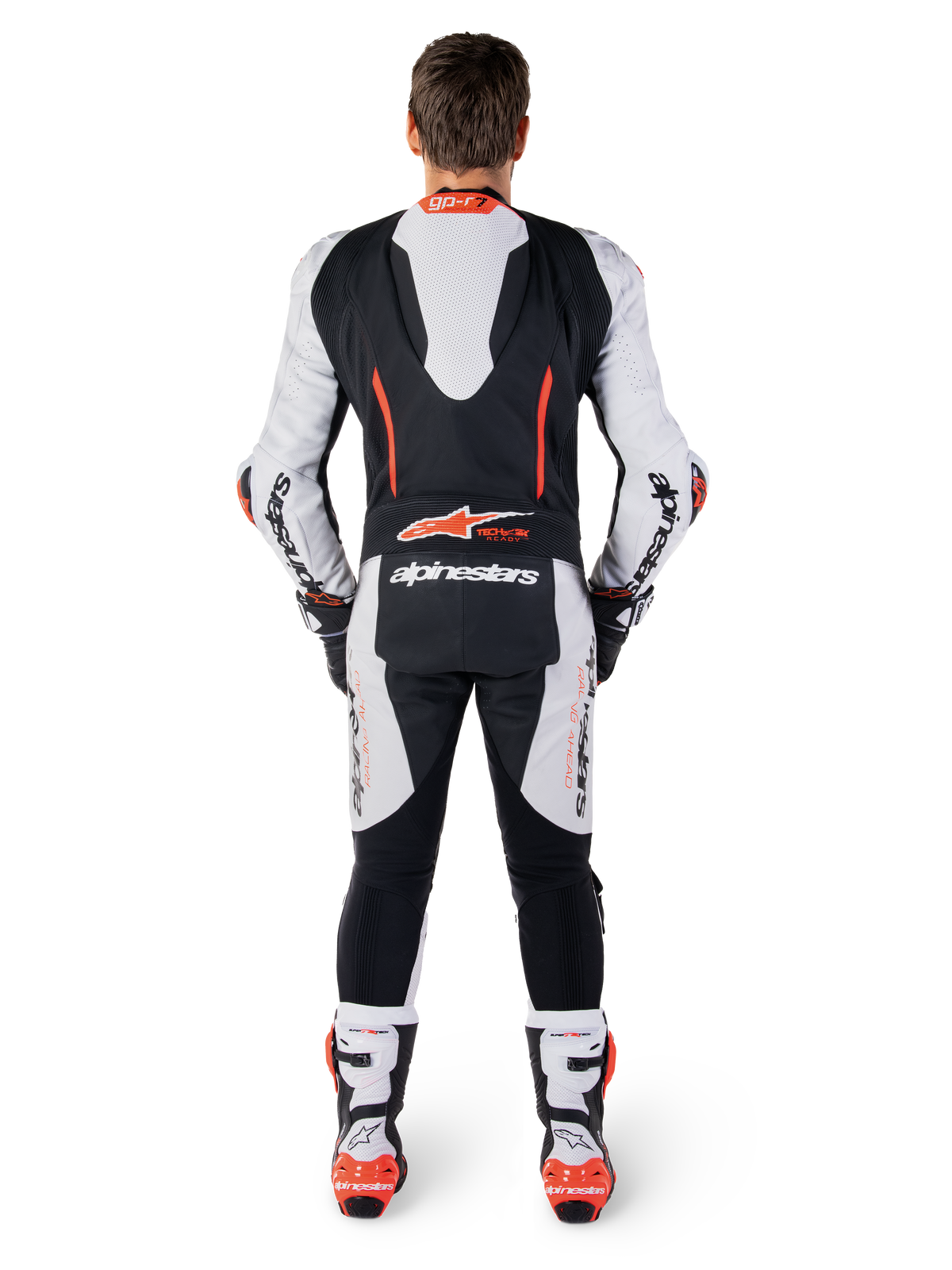 GP-R7 Lederkombi 1-Teiliger, Motorradrennanzug für Herren, Schwarz und Weiß mit Rot Fluo Akzenten, aerodynamischer Rückenhöcker, Tech-Air® kompatibel, Rückansicht