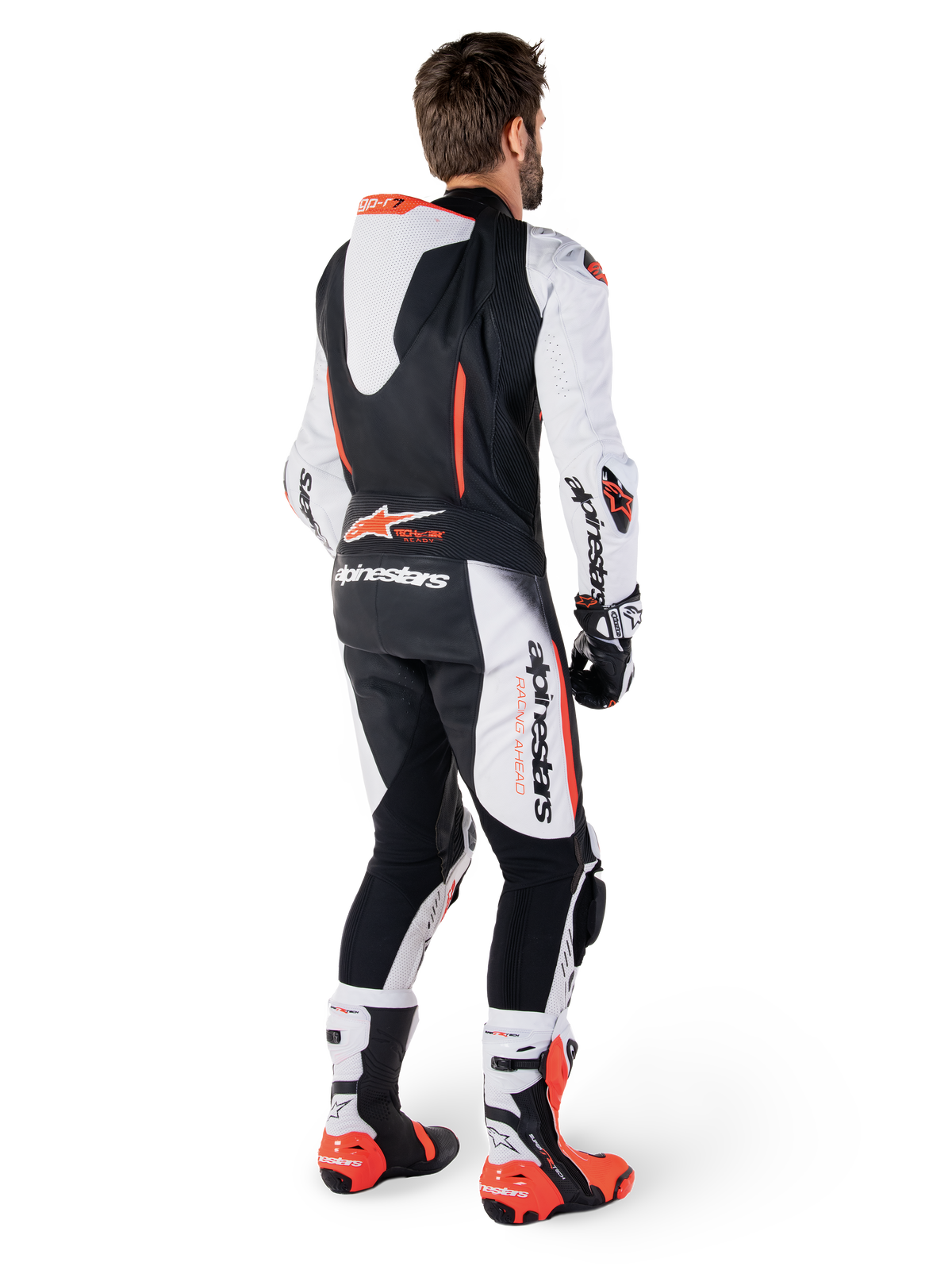 Alpinestars GP-R7 Lederkombi, Einteiliger Rennanzug für Herren, Weiß und Schwarz, Rindsleder mit Aero-Höcker, Rückansicht, Tech-Air® Ready.