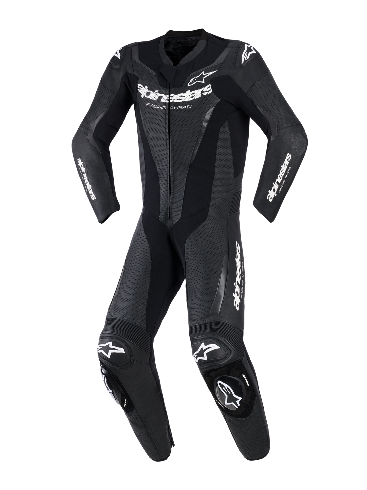Alpinestars GP Force V2 Leather Suit - 1Piece, Black, professional one-piece motorcycle racing suit with white Alpinestars branding on chest and sleeves, perforated leather panels for ventilation, accordion stretch sections, and integrated knee sliders, front view.